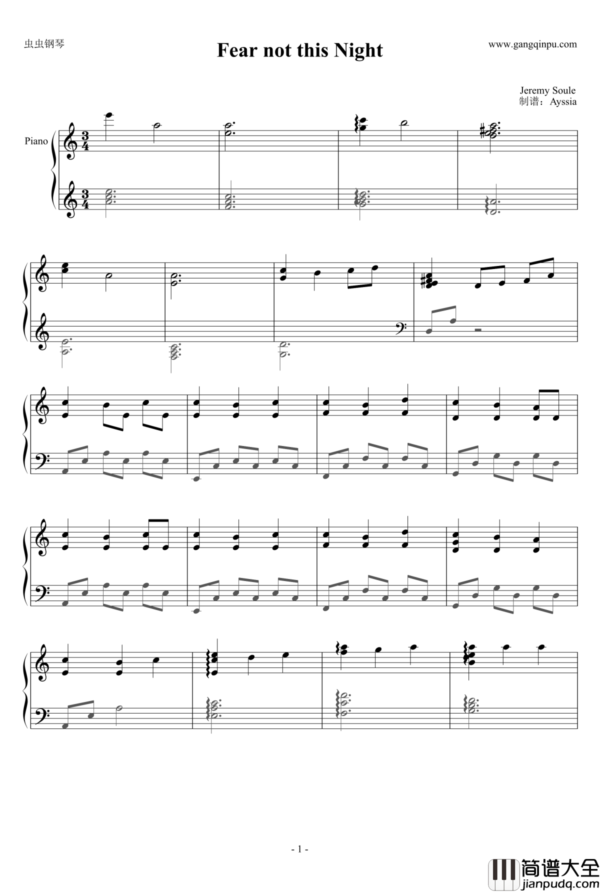 无惧此夜钢琴谱_Fear_not_this_Night_Jeremy_Soule