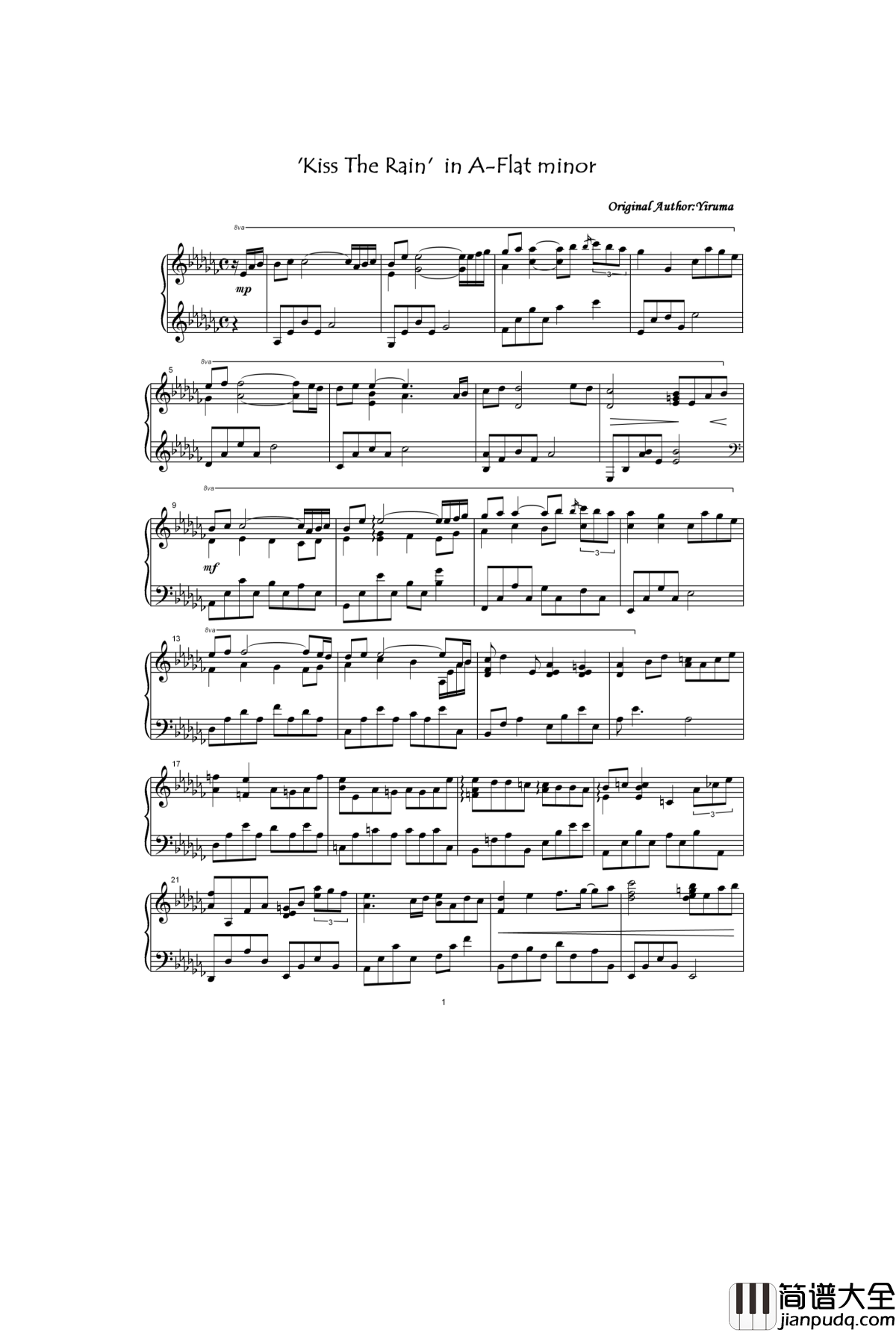 Kiss_The_Rain_in_A钢琴谱_Flat_minor_Yiruma