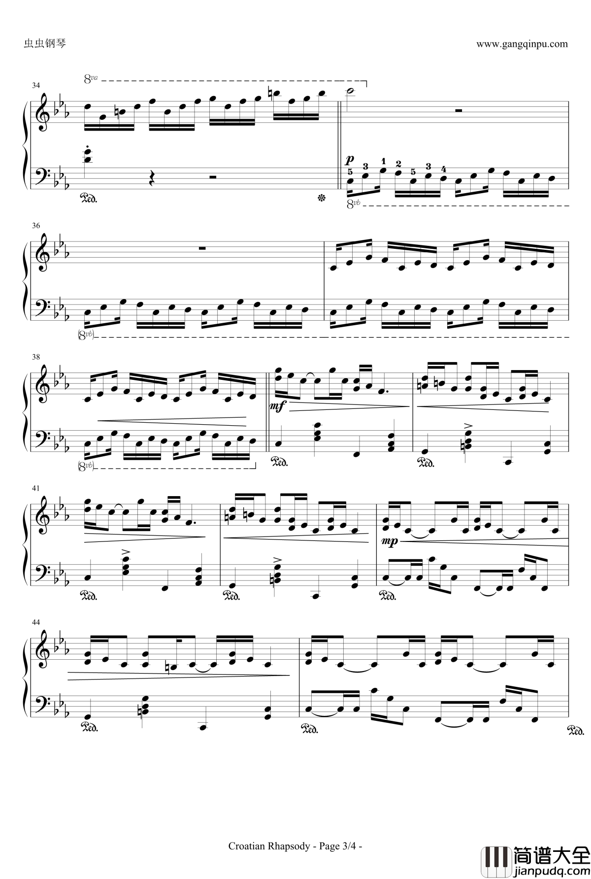 克罗地亚狂想曲钢琴谱_带指法简易版学生最爱_马克西姆_Maksim·Mrvica