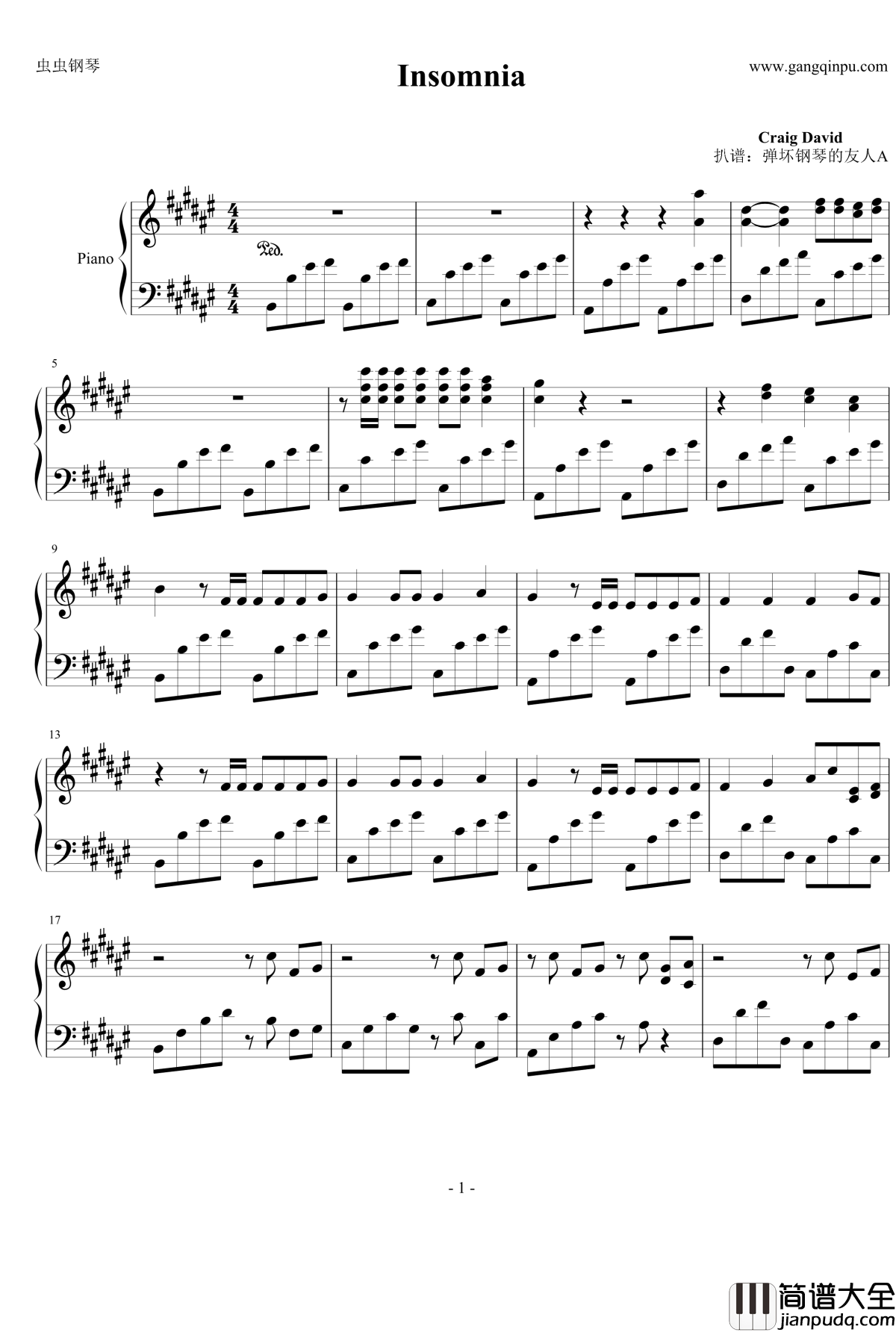 Insomnia钢琴谱_Craig_David_Craig_David