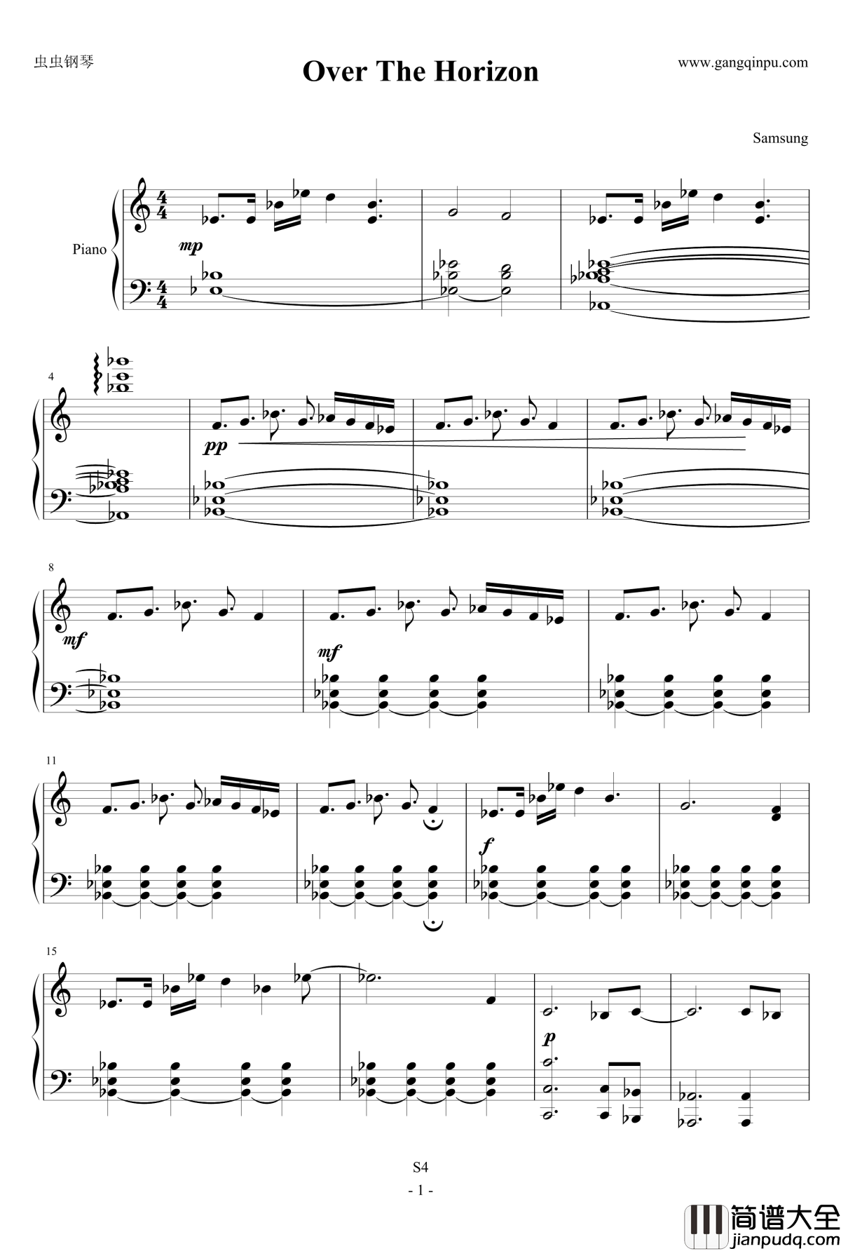 三星GALAXY_S4_主题曲钢琴谱_Over_the_Horizon_三星