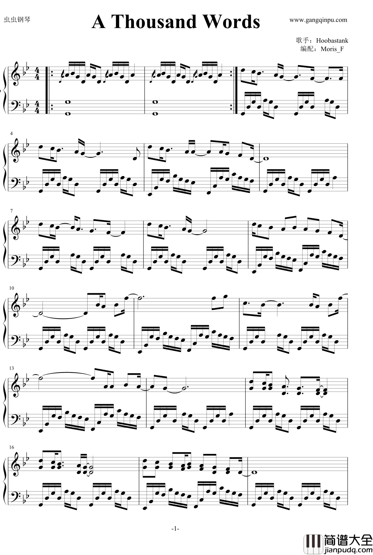 A_Thousand_Words钢琴谱_Hoobastank