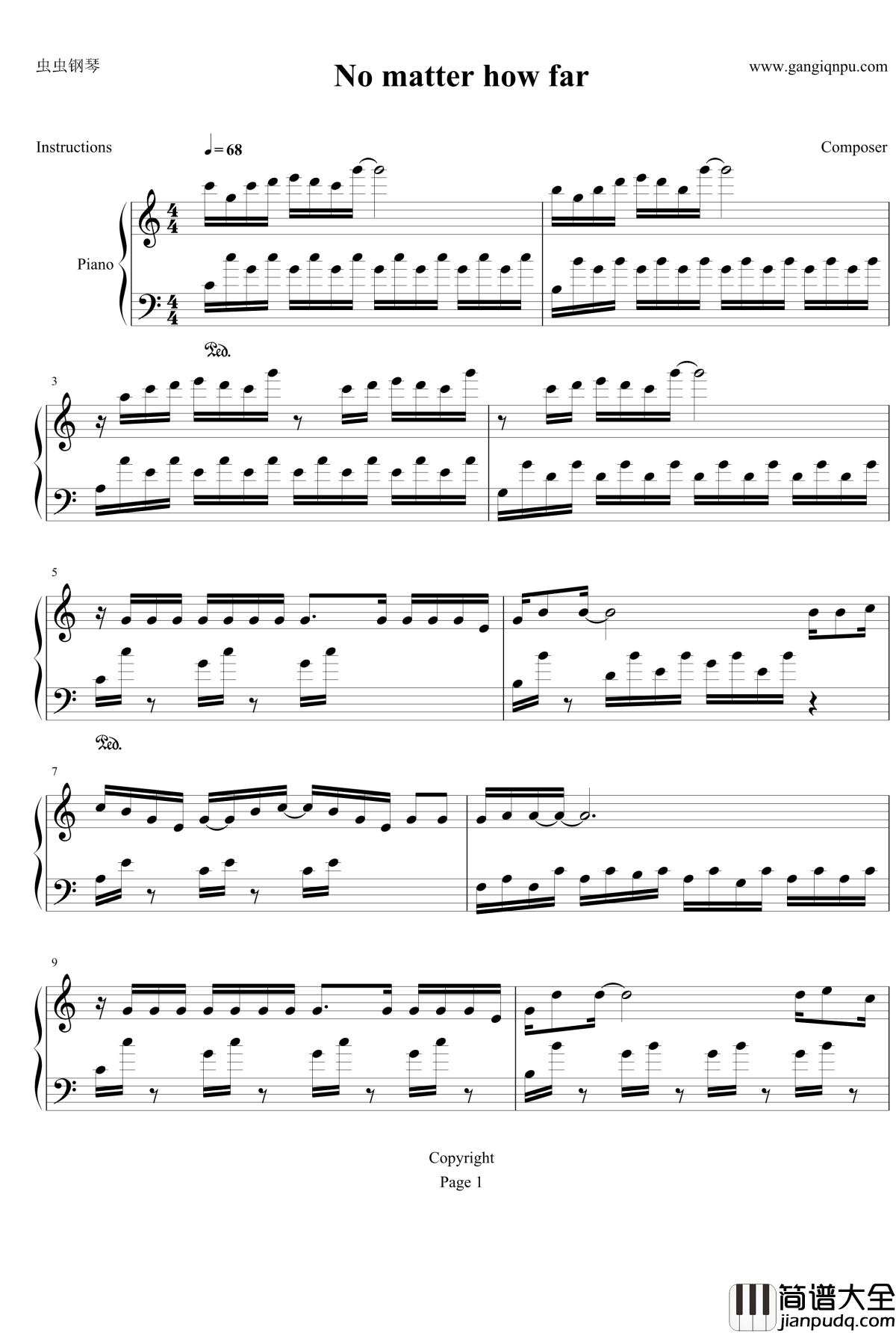 多远都要在一起钢琴谱_C调版_邓紫棋