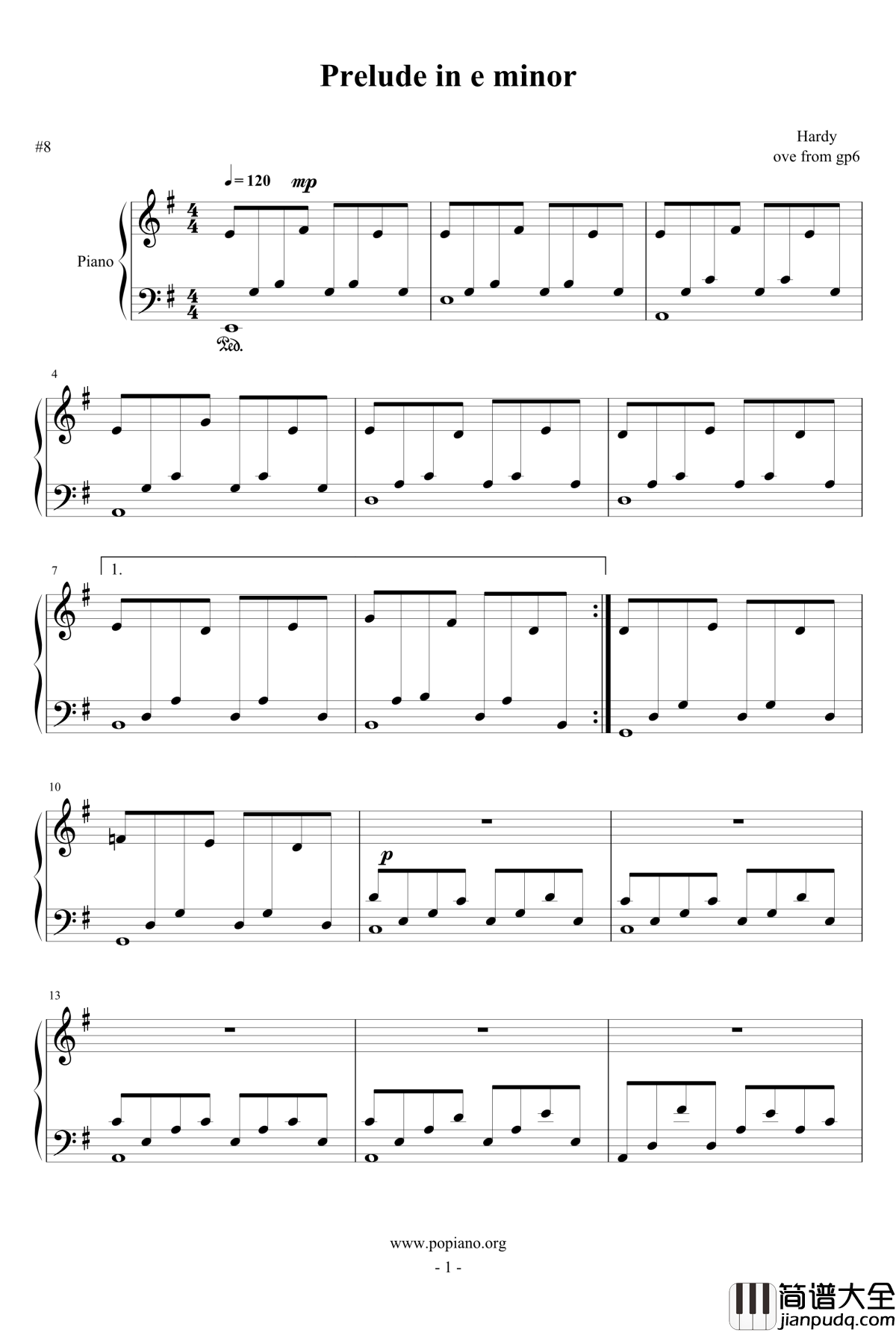 前奏曲#8钢琴谱_e_minor_hardy419