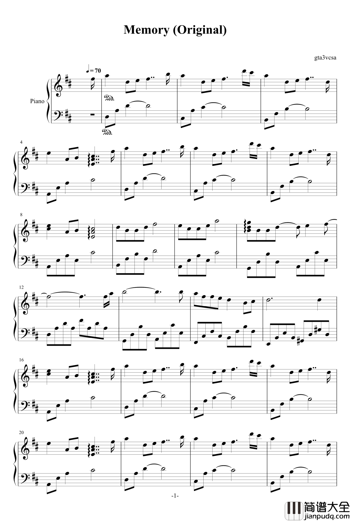 Memory钢琴谱_gta3vcsa