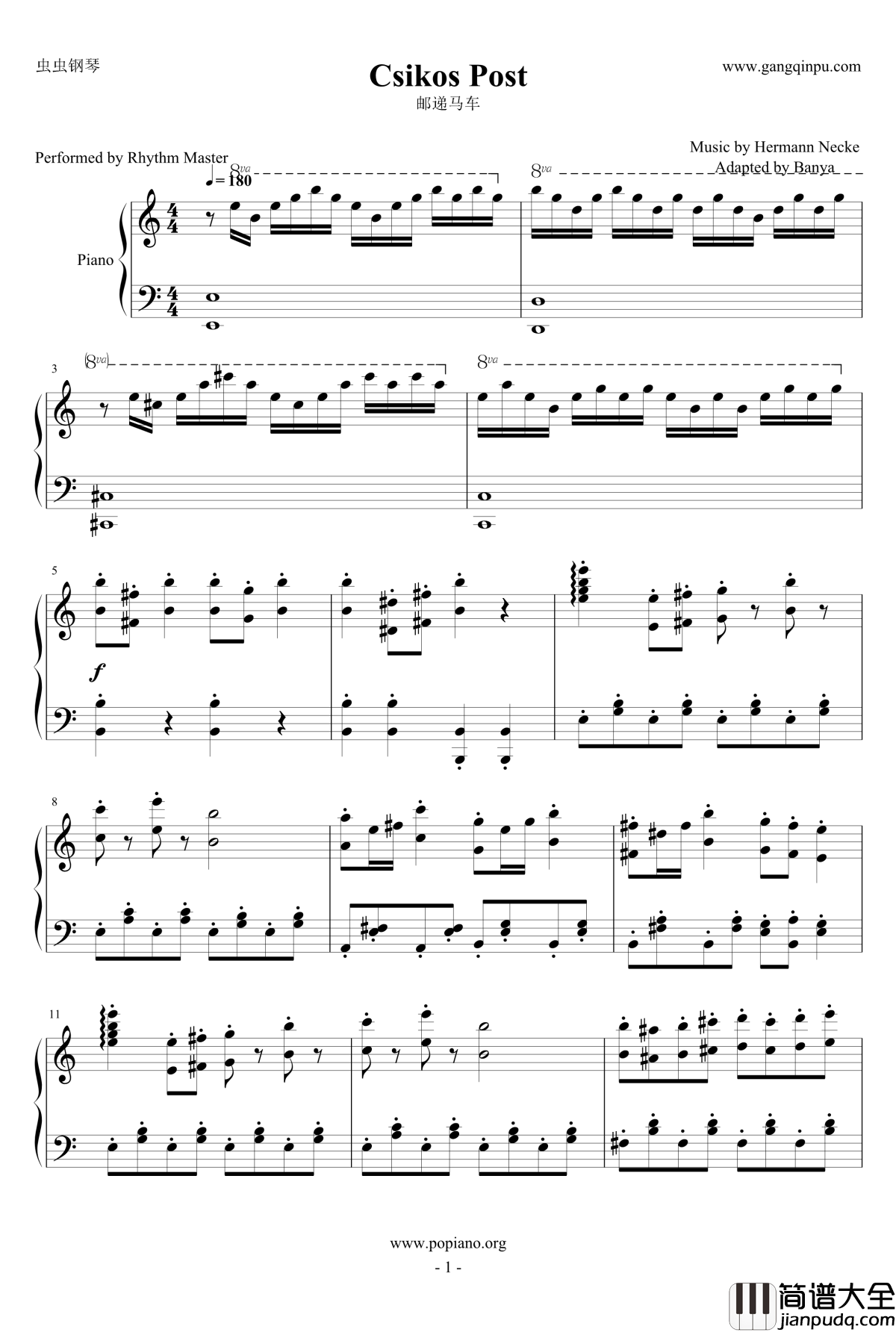 Csikos_Post钢琴谱_节奏大师_Banya