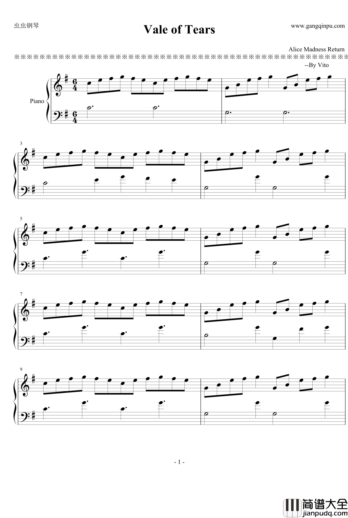 泪水谷钢琴谱_Vale_of_Tears_爱丽丝疯狂回归