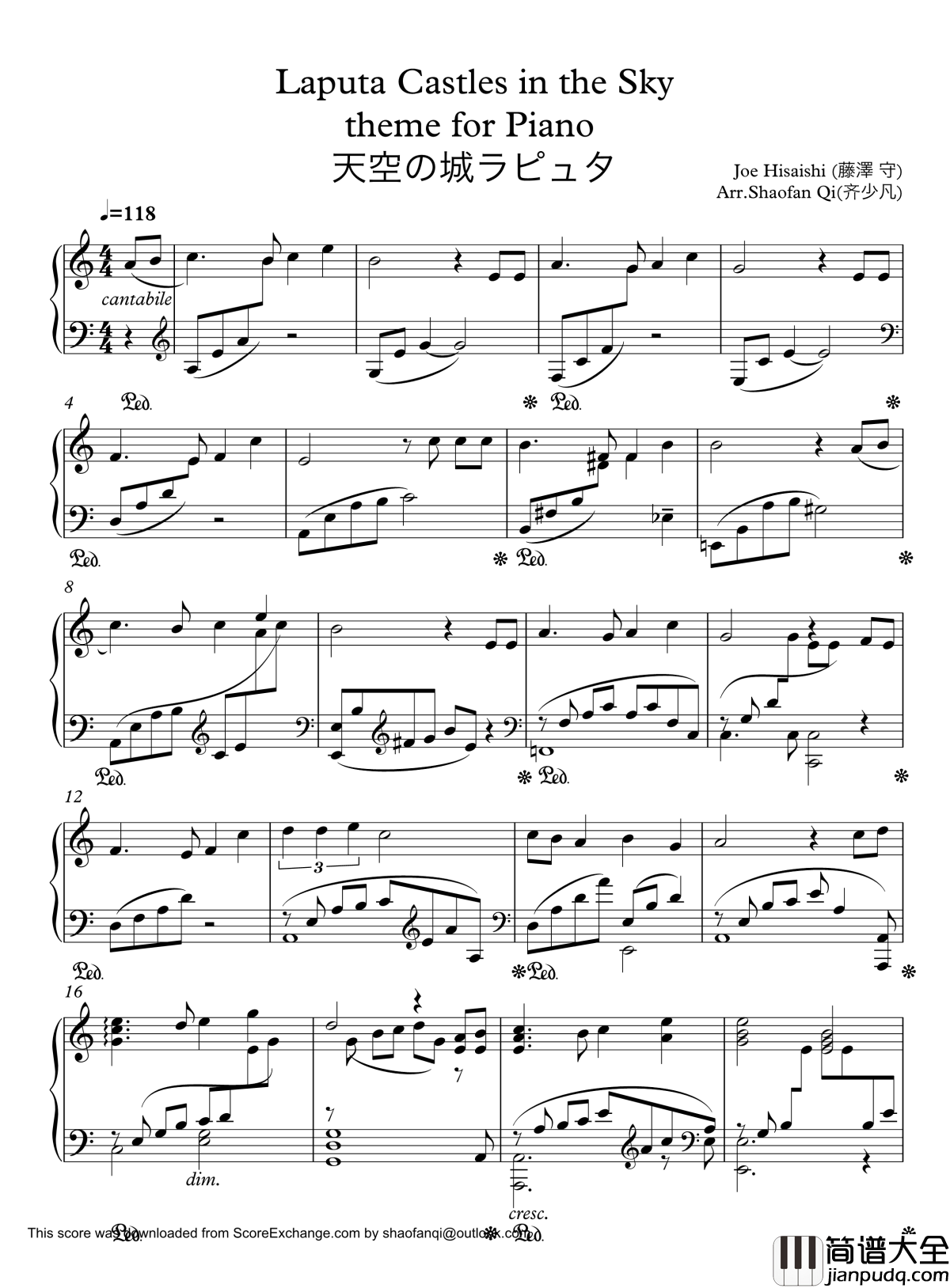 天空の城ラピュタ钢琴谱_主题曲_久石让