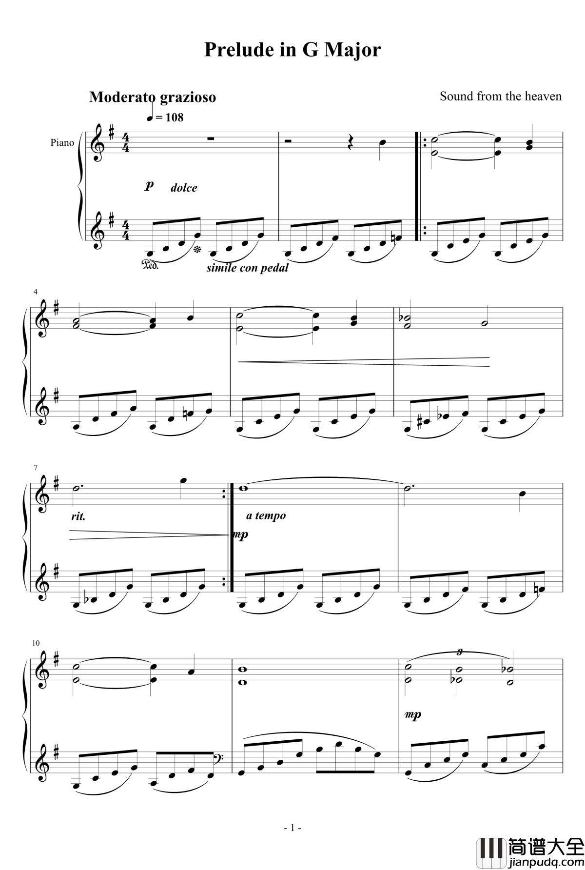 G大调前奏曲大自然的声音钢琴谱_天籁传声