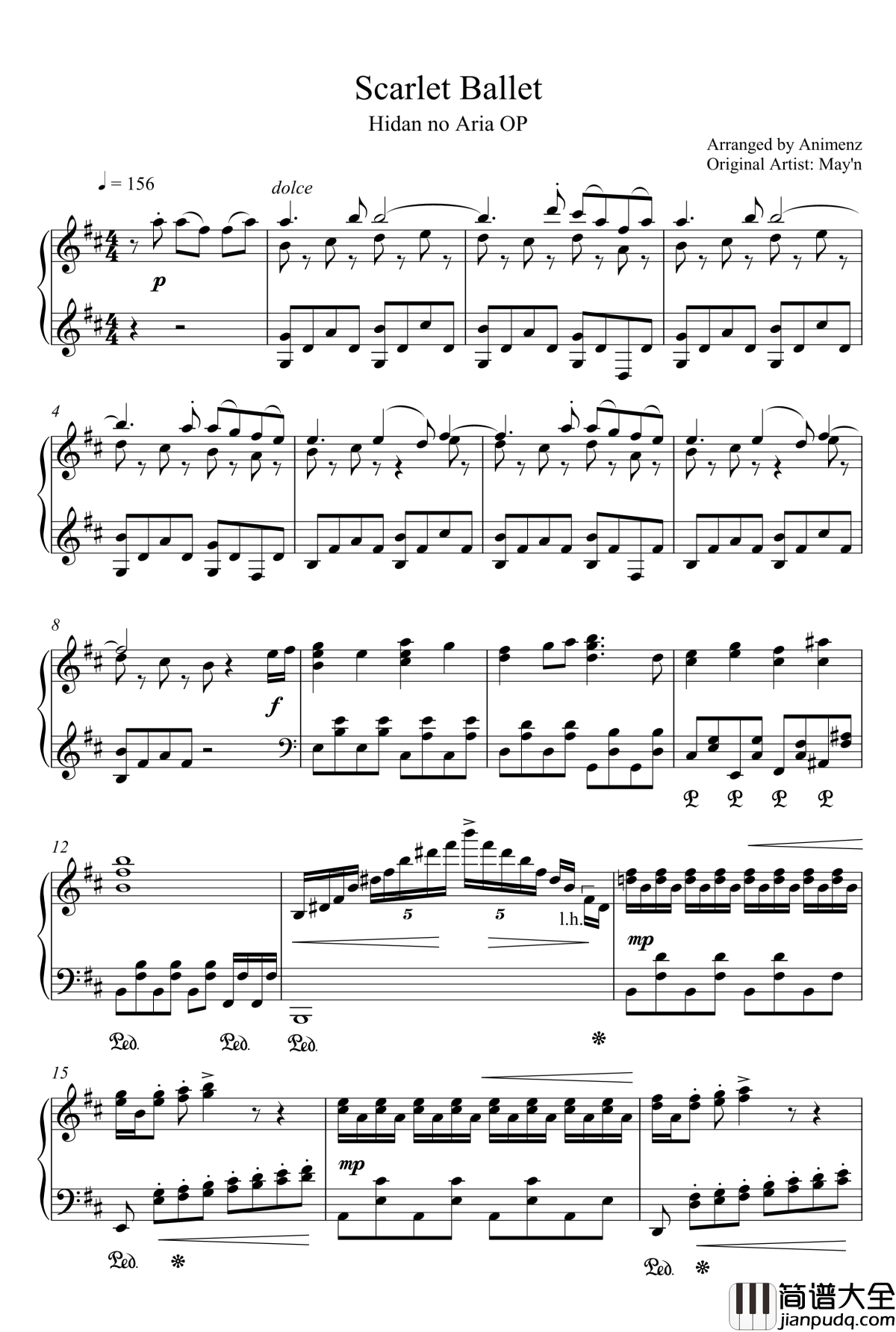 绯弹的亚里亚OP钢琴谱_Scarlet_Ballet