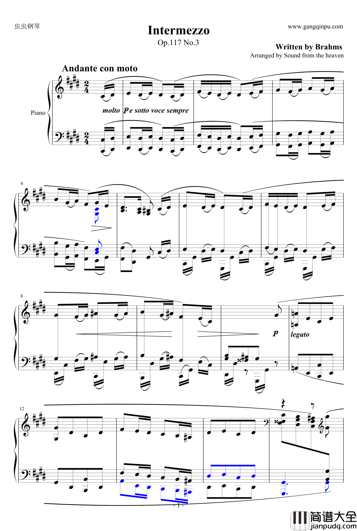 间奏曲Op钢琴谱_117_No.3_勃拉姆斯_Brahms