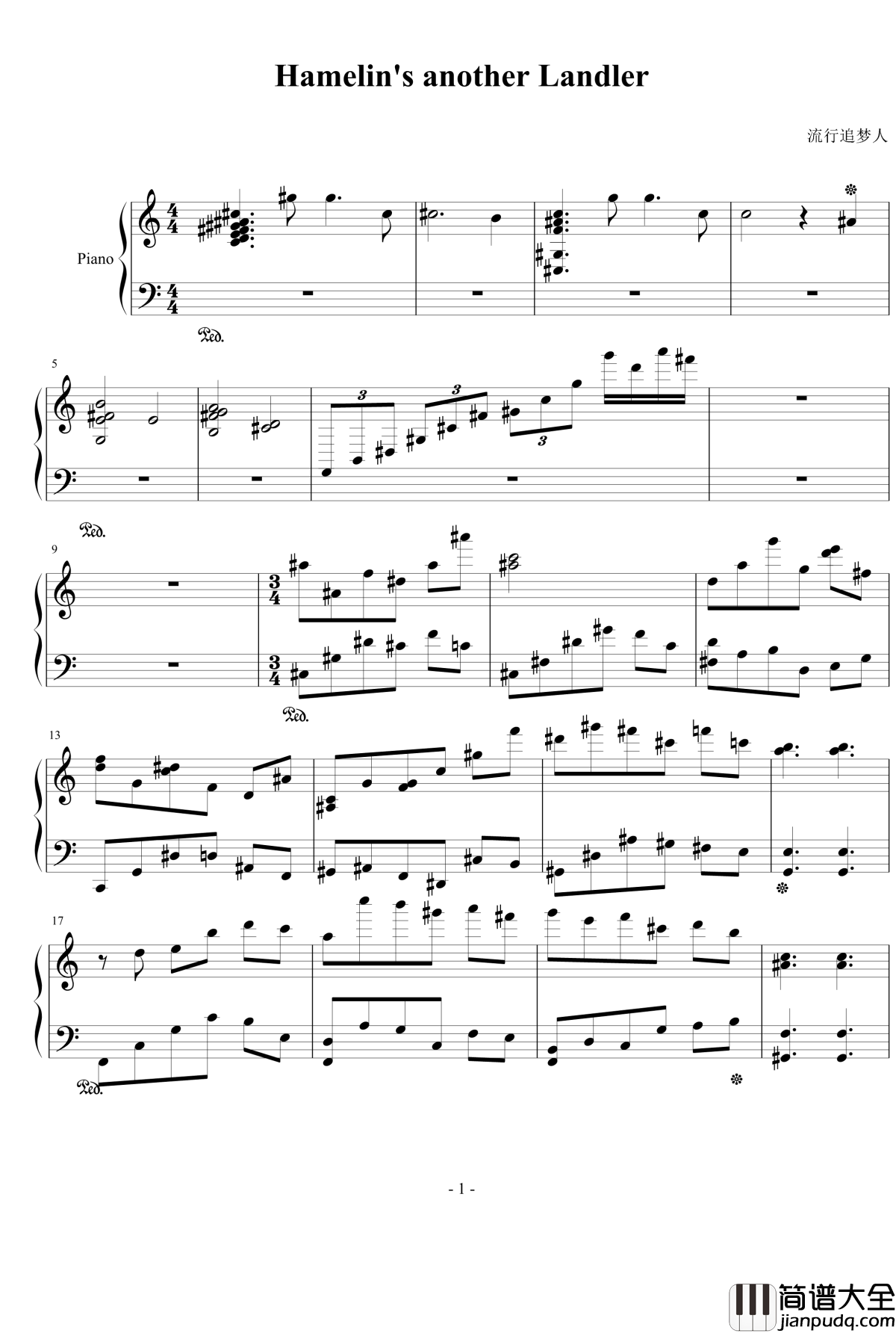 流行追梦人钢琴谱_兰德勒舞曲