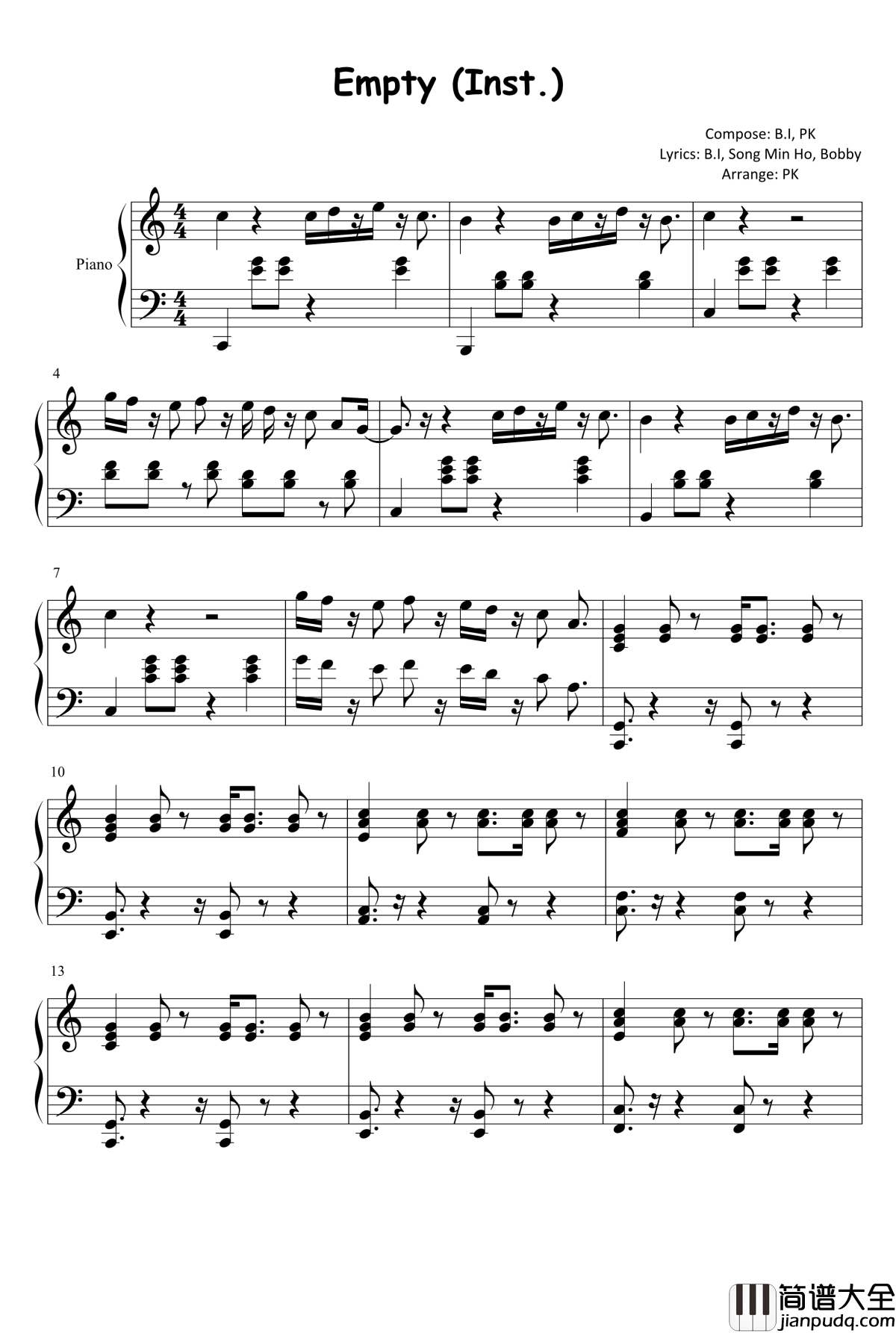 _空虚钢琴谱_WINNER_Empty