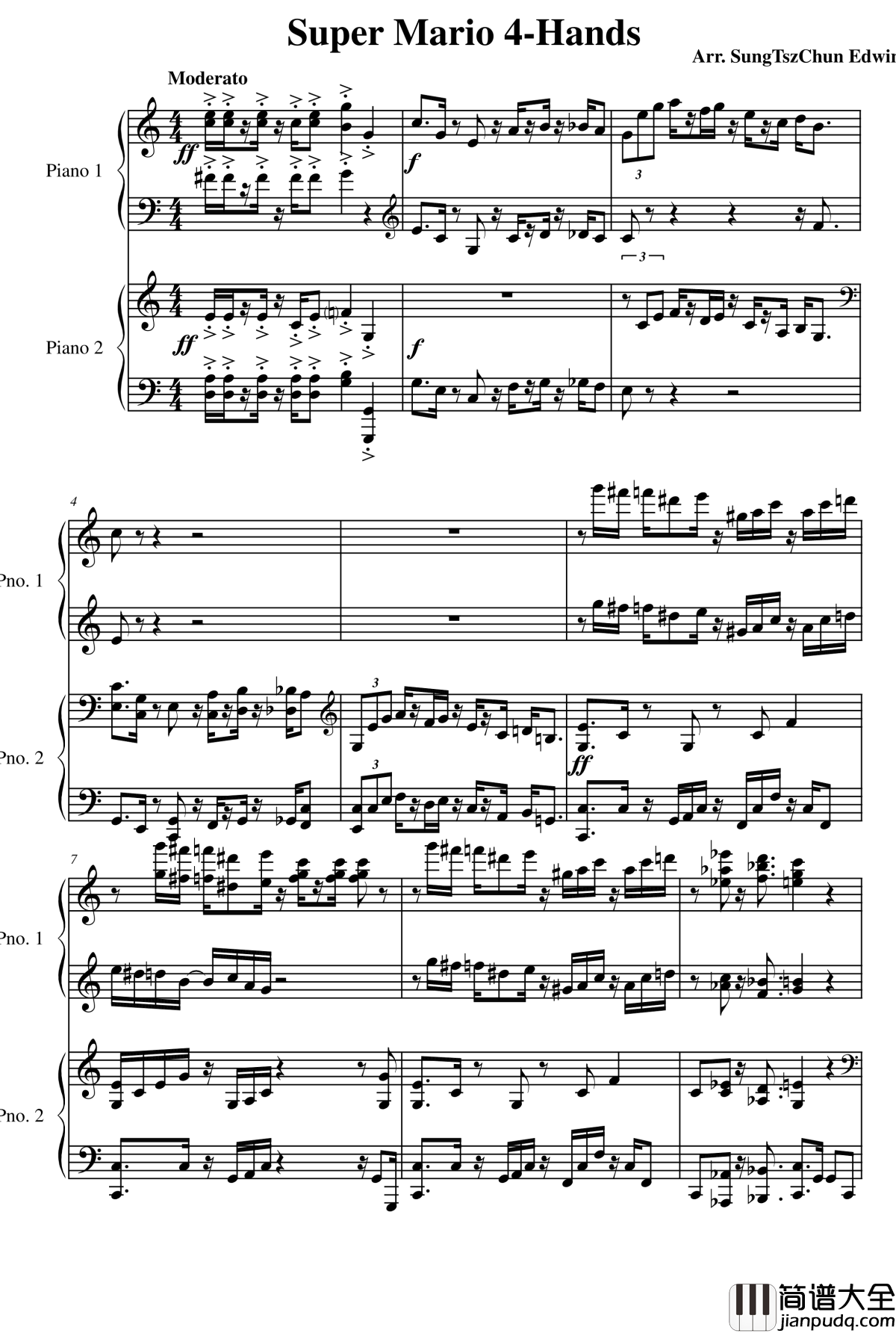 超级马里奥四手连弹钢琴谱_超级玛丽