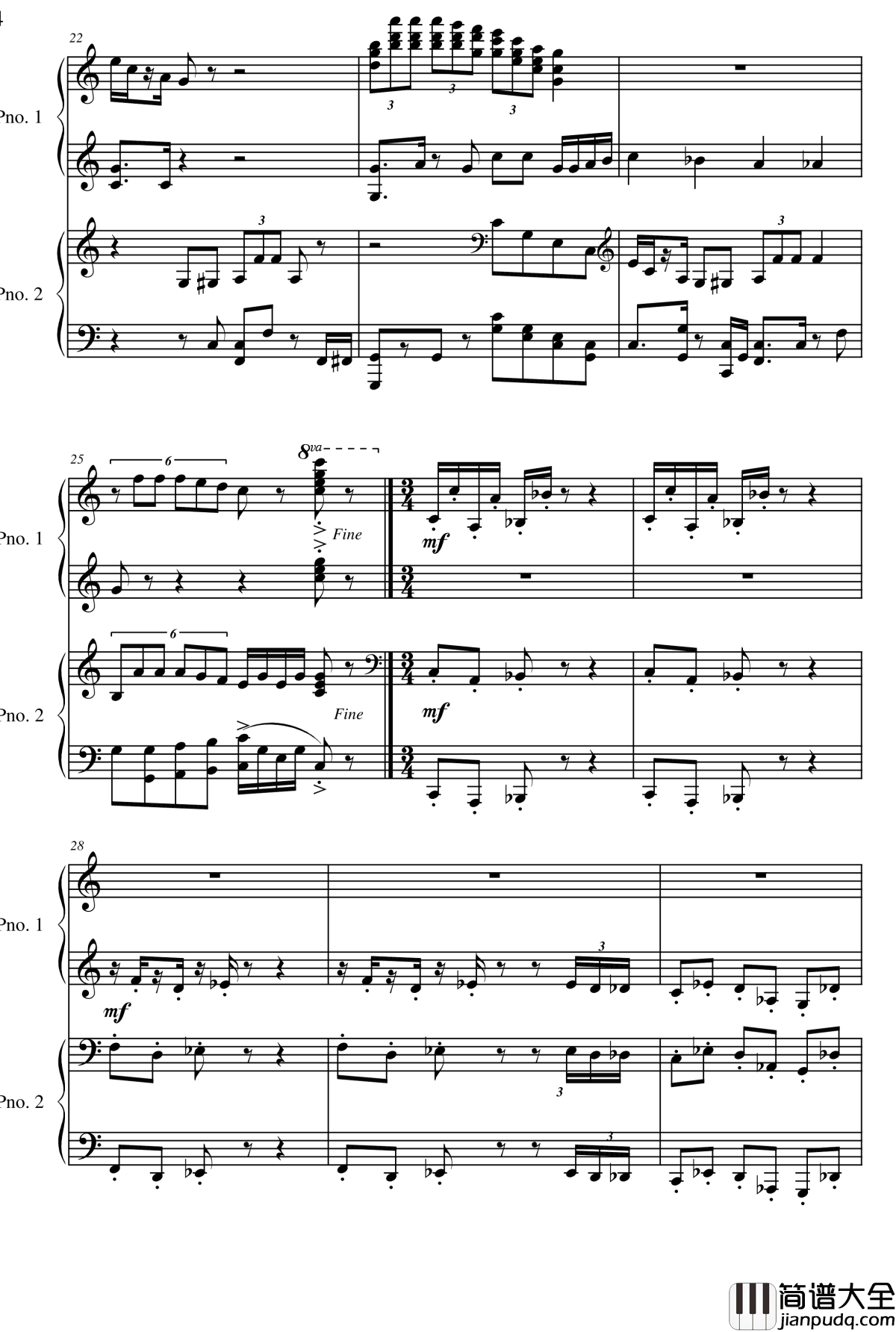 超级马里奥四手连弹钢琴谱_超级玛丽