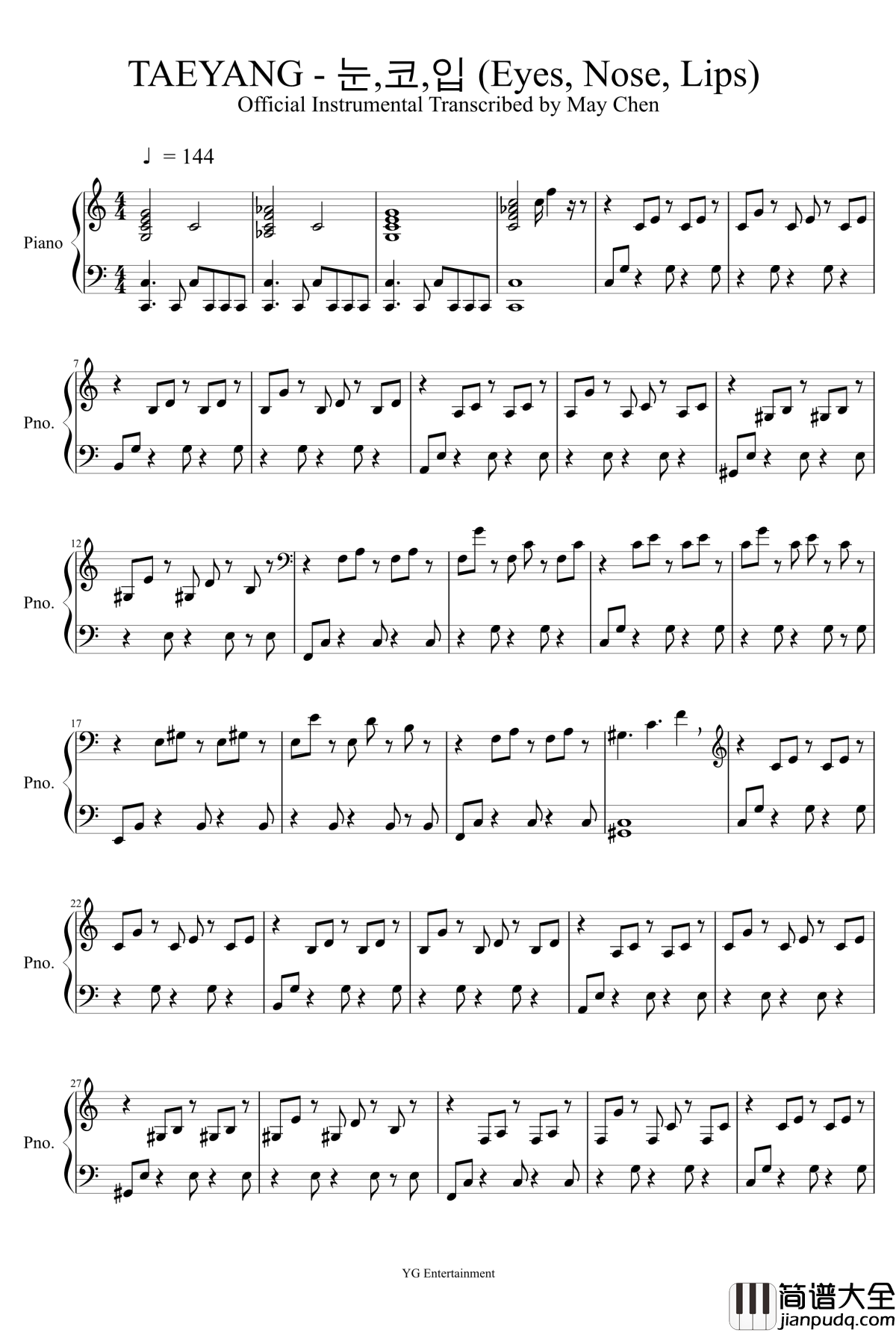 Taeyang_钢琴谱_眼鼻嘴【完美伴奏】