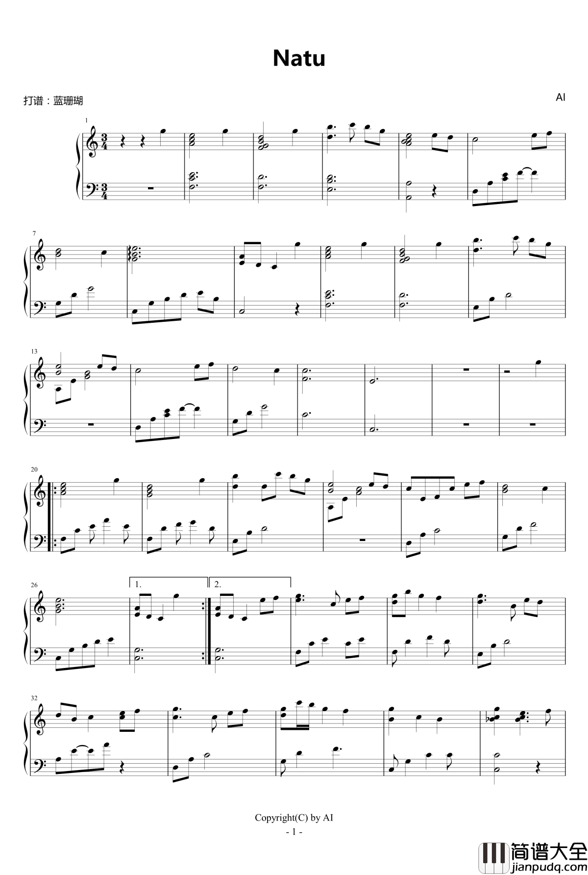 Natu钢琴谱_夏_藤岛裕之/AI_须釜俊