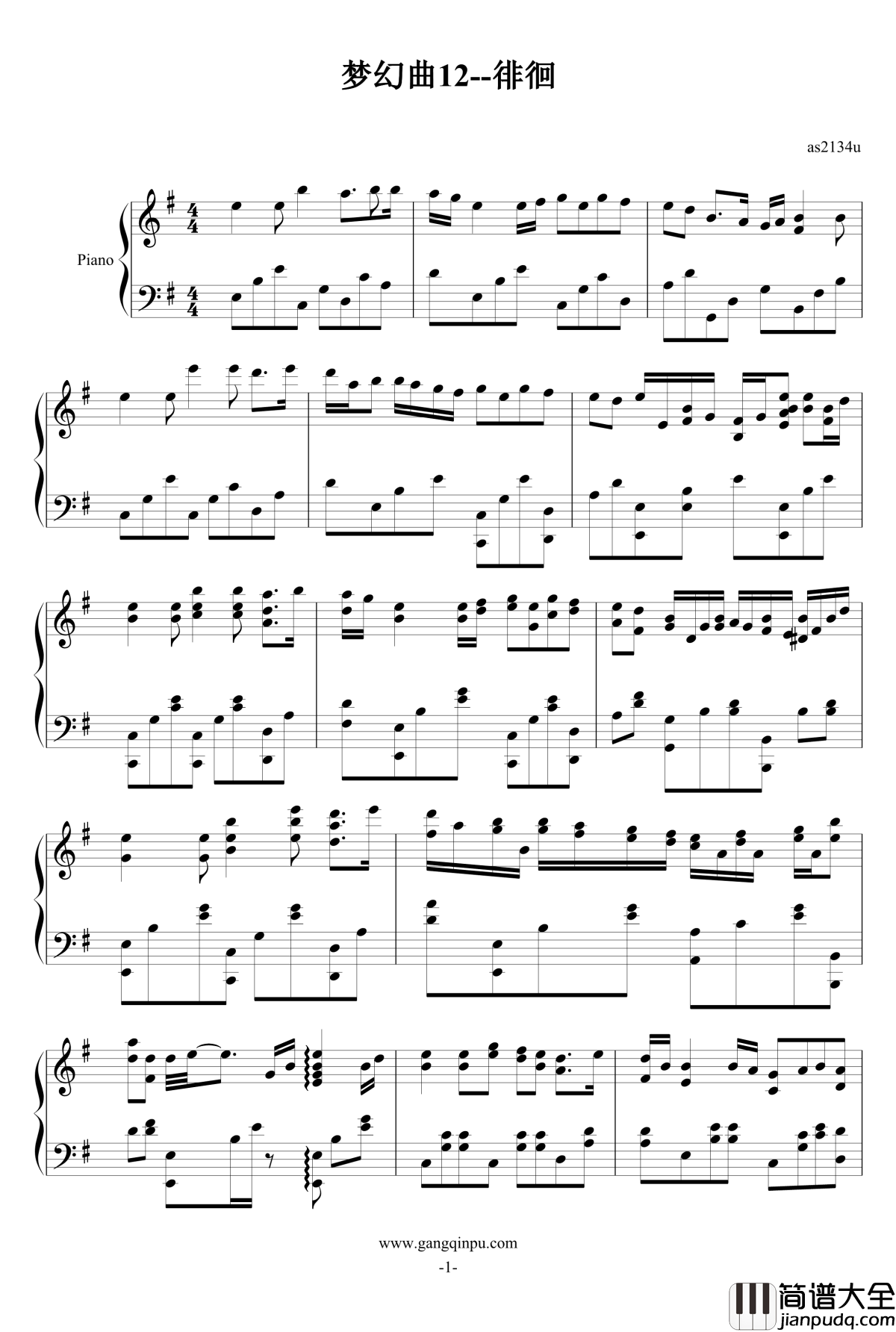 梦幻曲12钢琴谱_徘徊_as2134