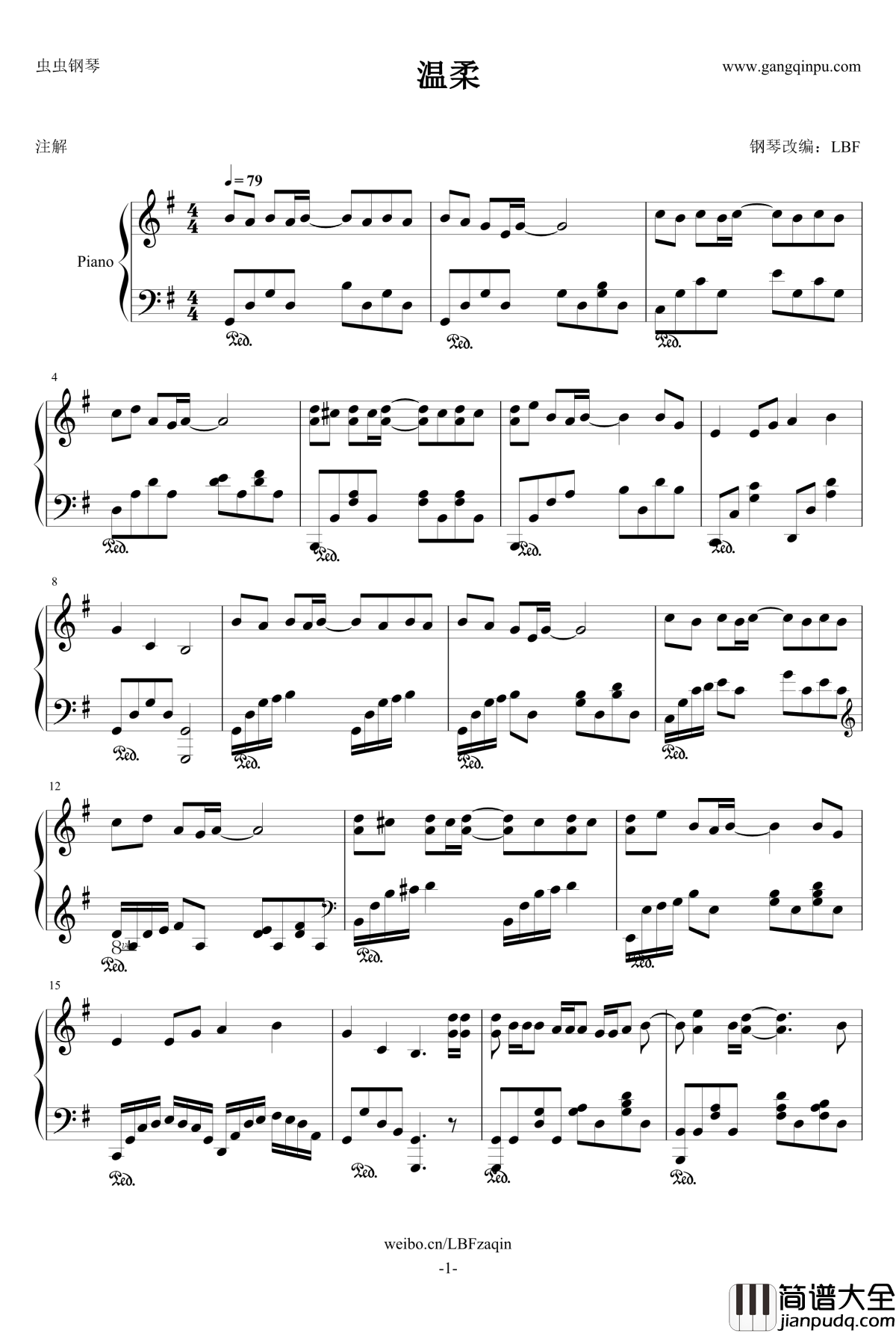 温柔钢琴谱_五月天_LBF