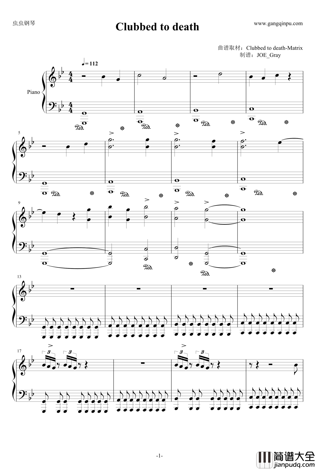 Clubbed_to_Death钢琴谱_电影_黑客帝国_插曲