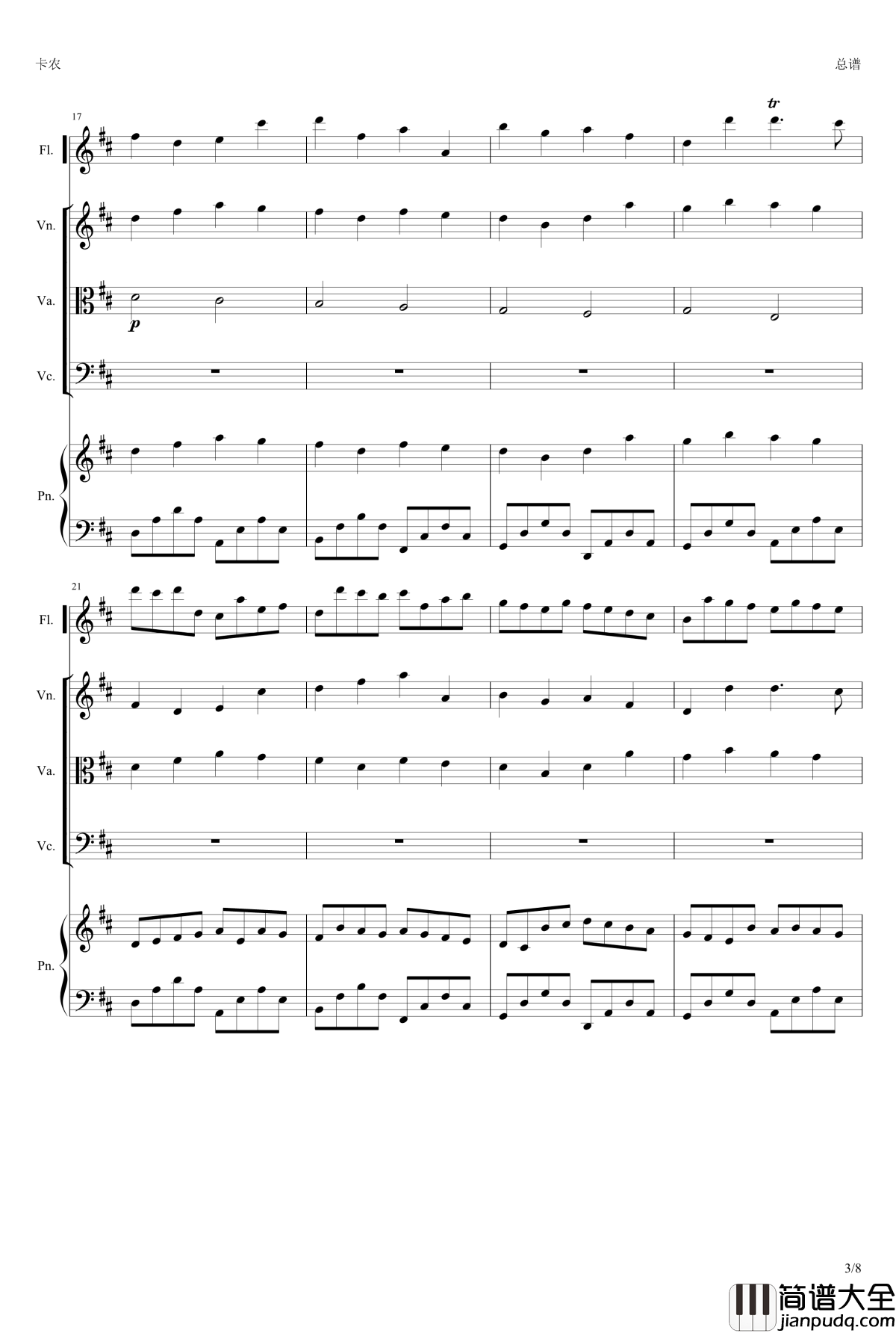 卡农钢琴谱_(长笛+小提琴+中提琴+大提琴+钢琴）_帕赫贝尔_Pachelbel