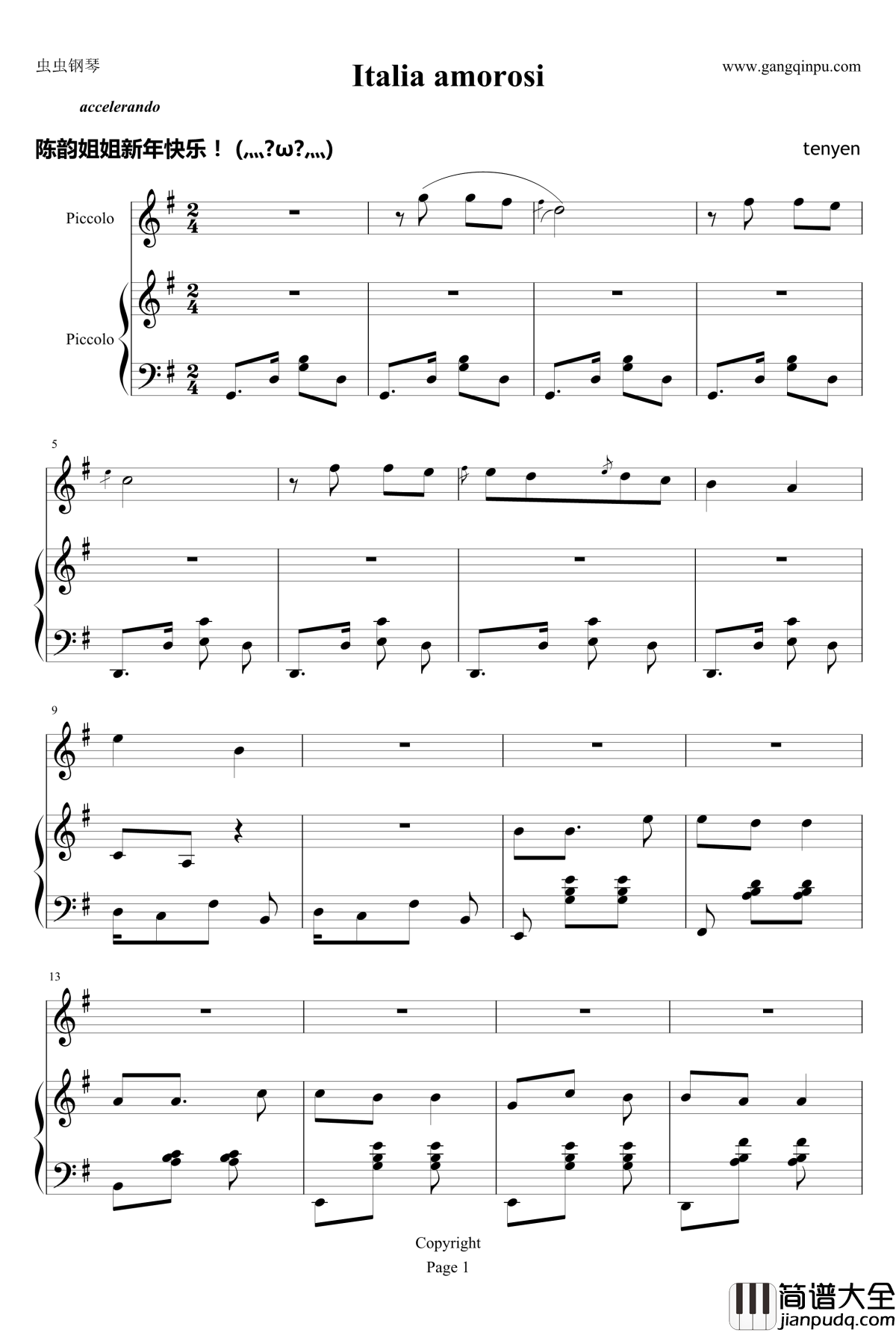 Italia_amorosi钢琴谱_意大利风情_帕瓦罗蒂