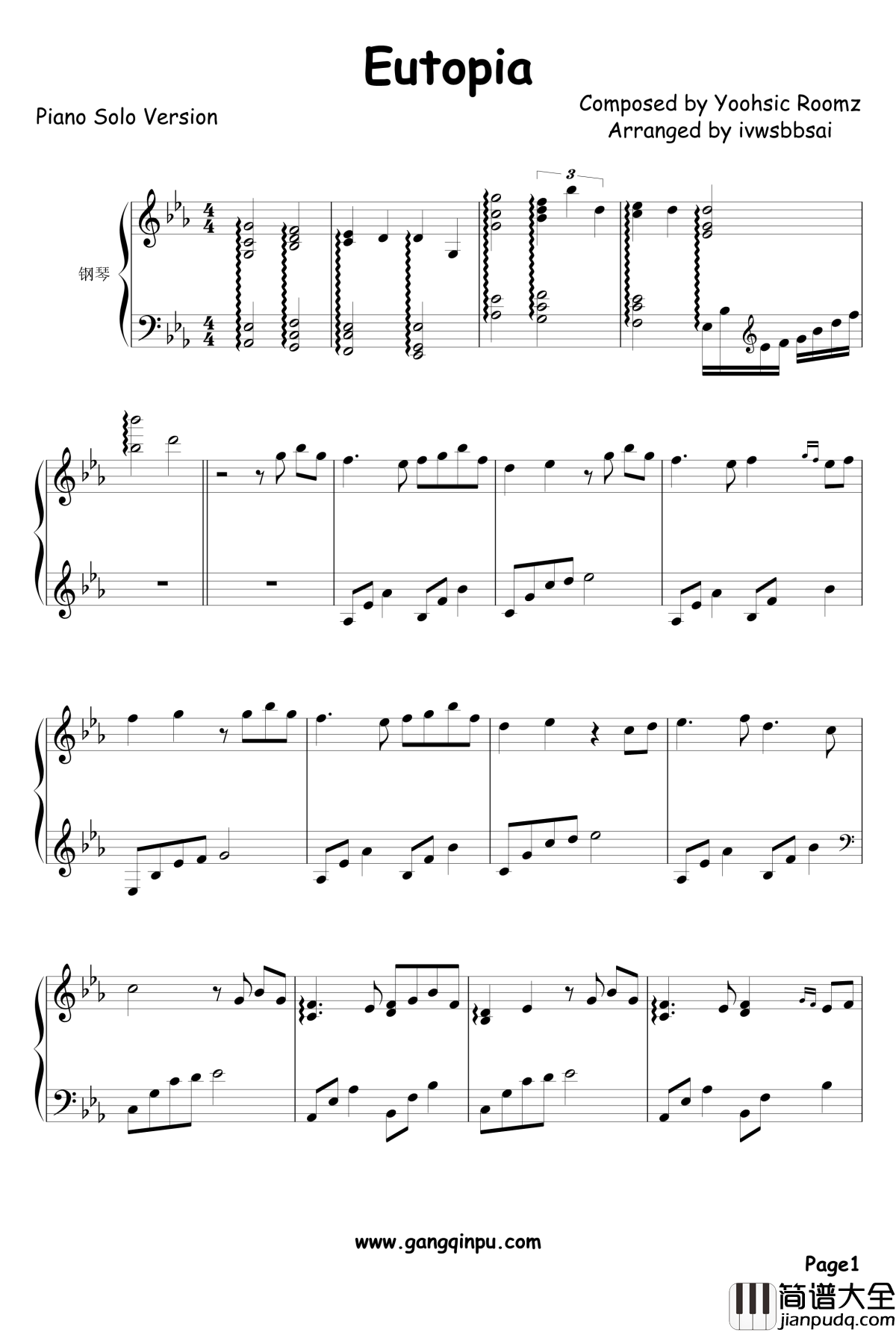 Eutopia钢琴谱_Yoohsic_Roomz