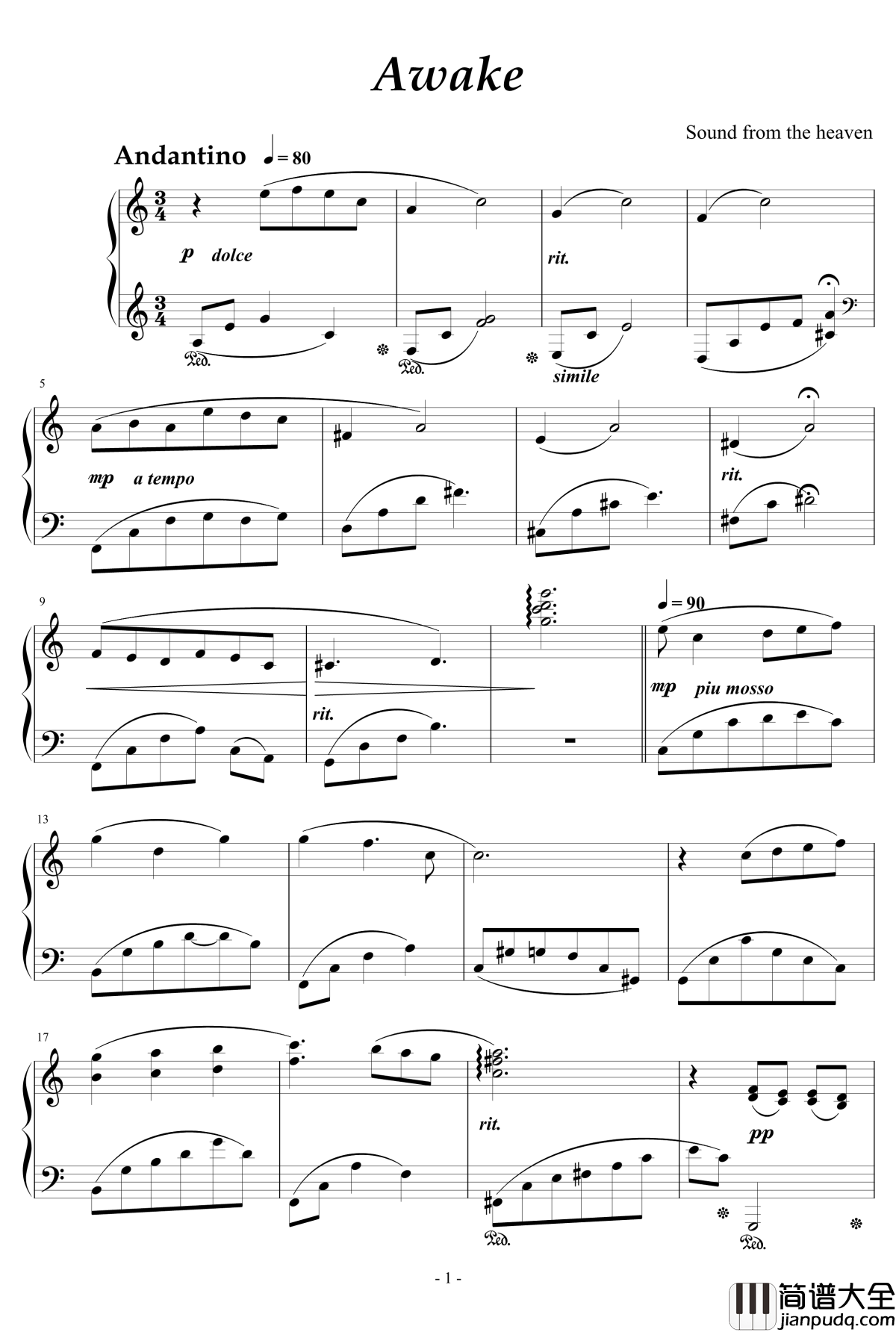Awake钢琴谱_天籁传声_苏醒
