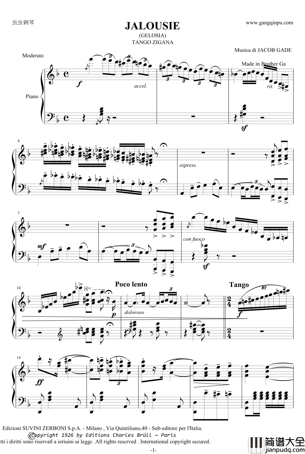 Jealousy钢琴谱_嫉妒探戈_Jalousie_雅科比·盖德