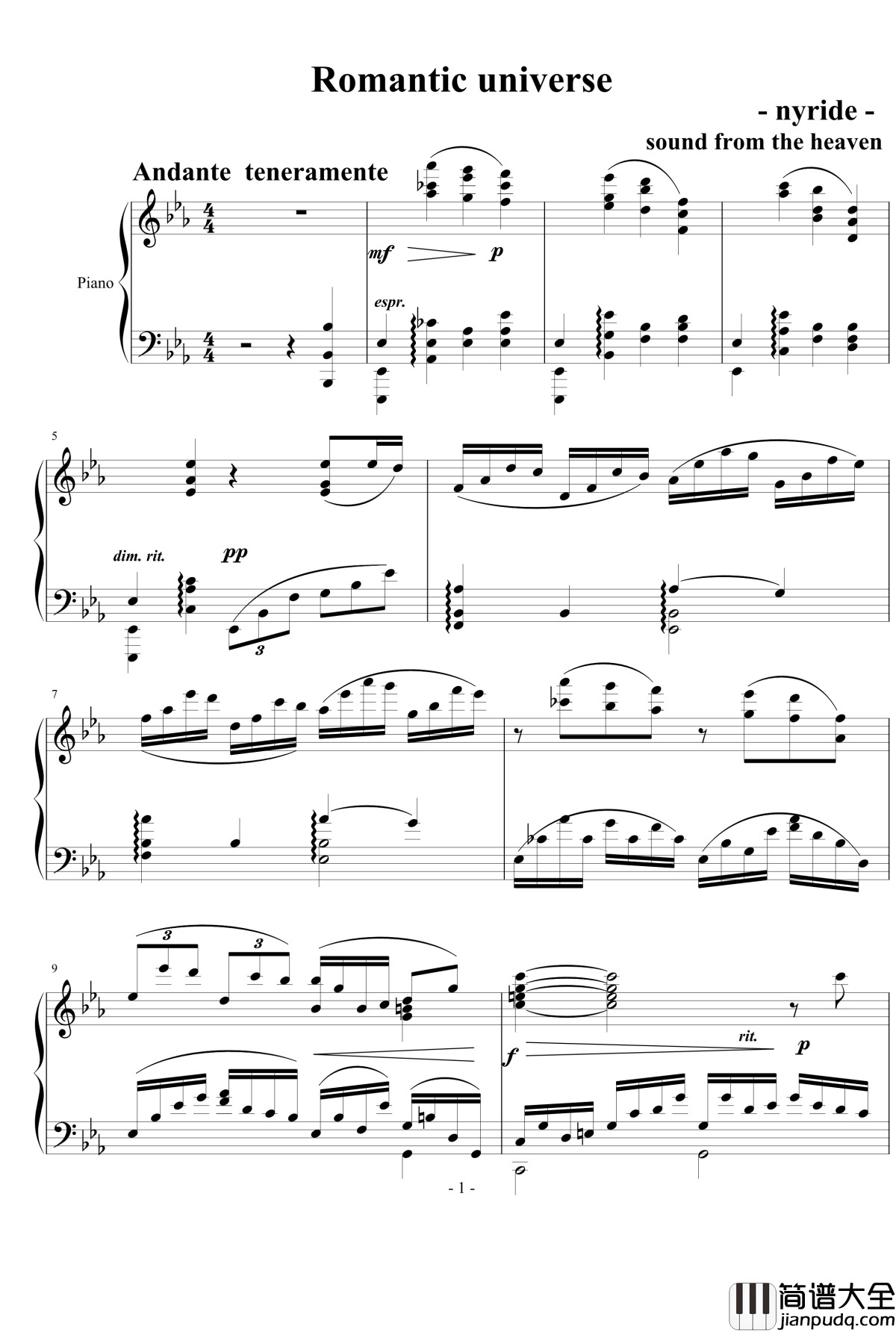 浪漫宇宙钢琴谱_天籁传声