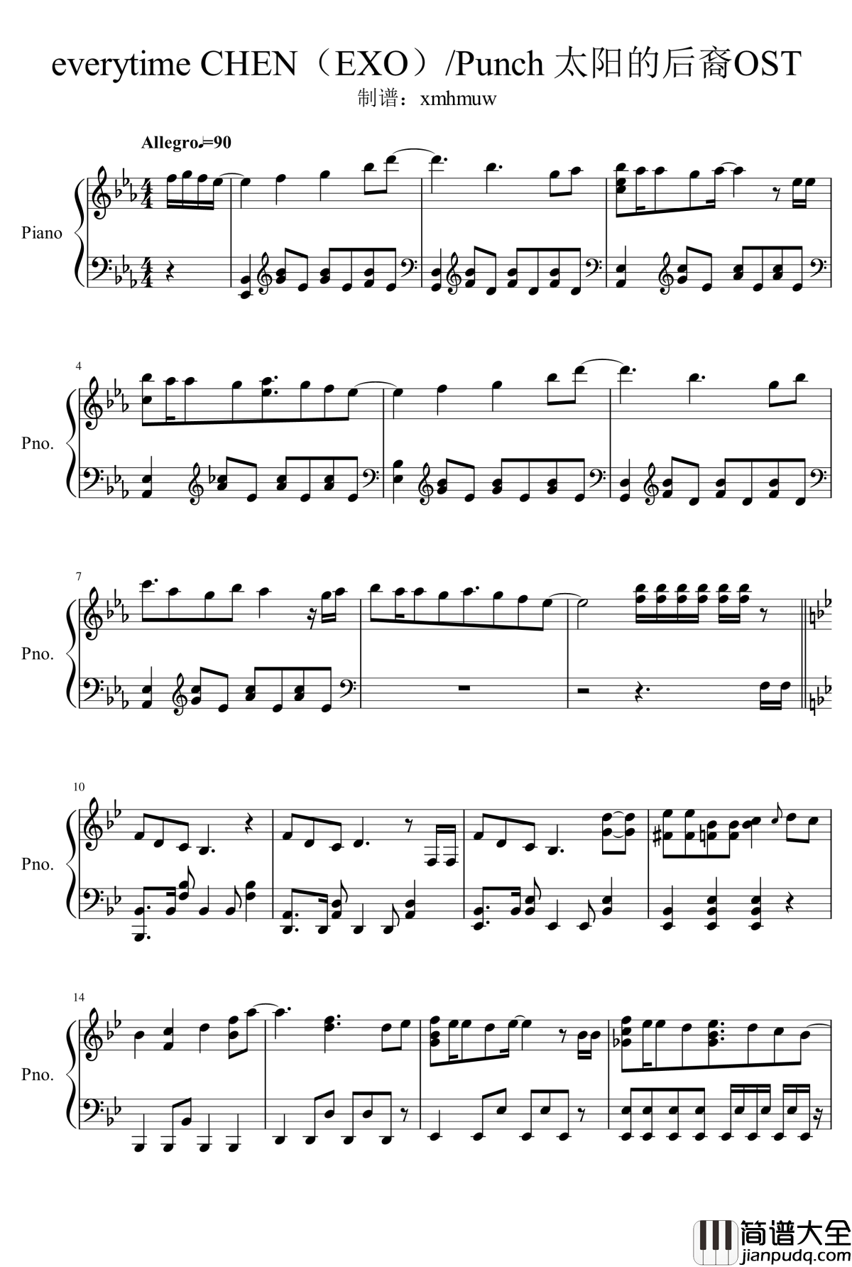 everytime钢琴谱_太阳的后裔OST_CHEN