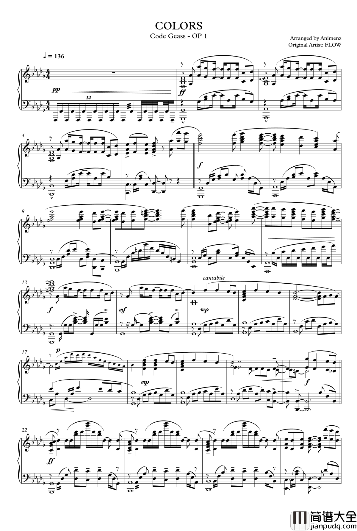 Colors钢琴谱_animenzzz_叛逆的鲁鲁修OP1