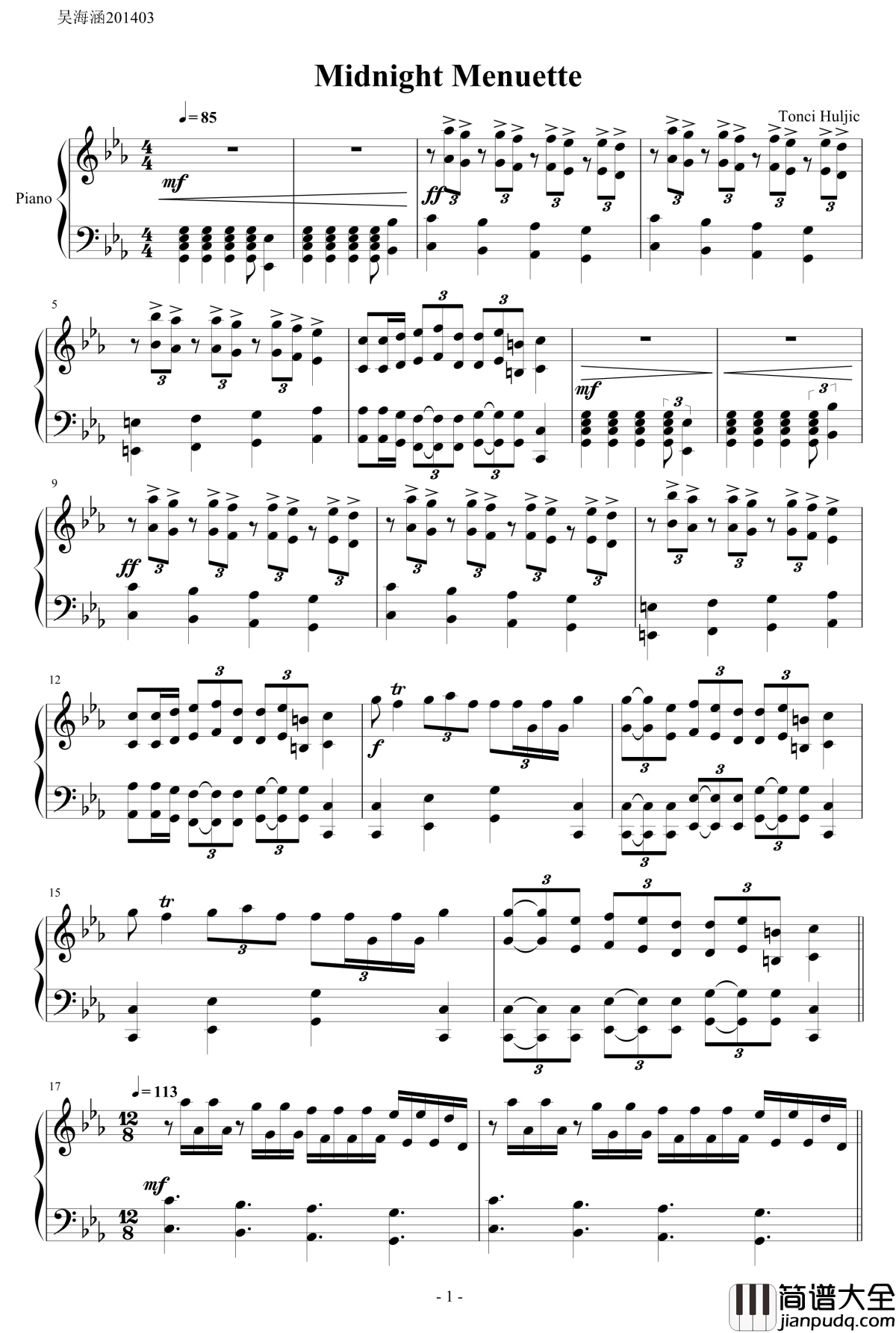 午夜小步舞曲钢琴谱_Midnight_Menuette_马克西姆maksim&amp;赫吉克_Tonci_Huljic