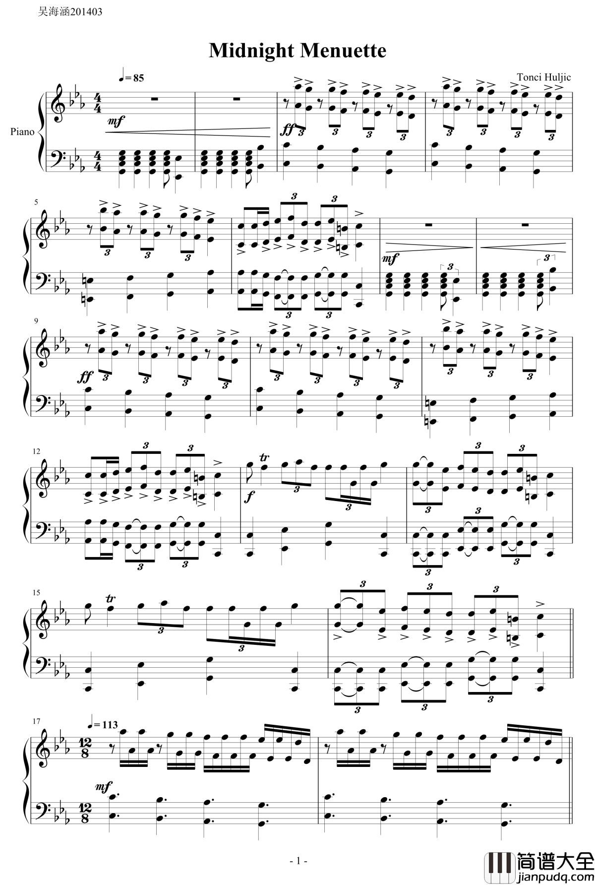 午夜小步舞曲钢琴谱_Midnight_Menuette_马克西姆maksim&amp;赫吉克_Tonci_Huljic_2