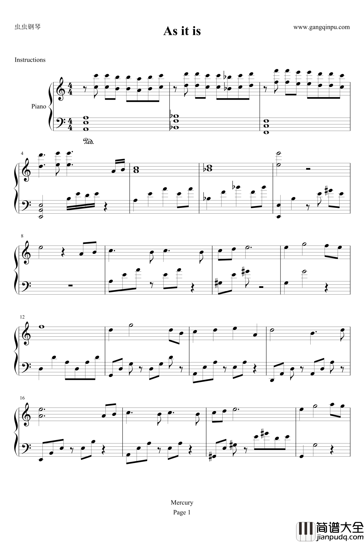 看淡钢琴谱_田馥甄