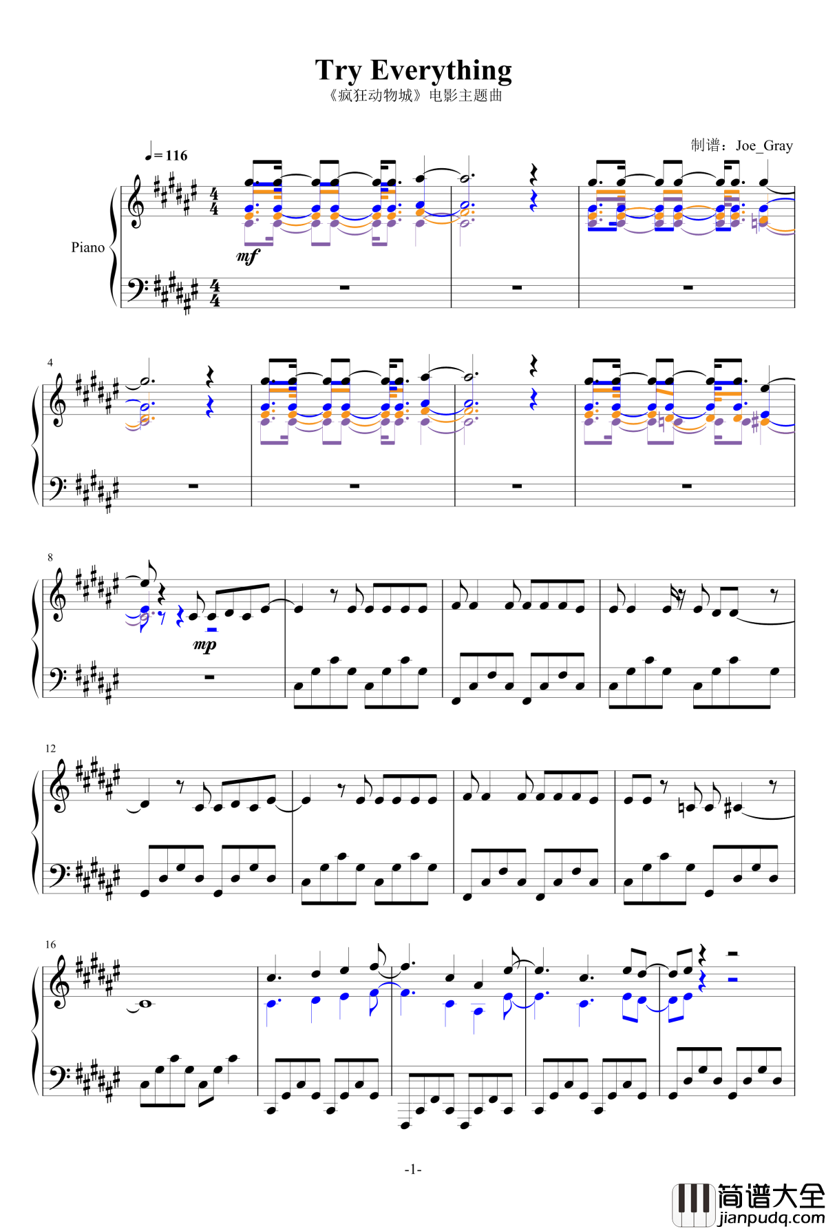 Try_Everything钢琴谱__疯狂动物城_电影主题曲