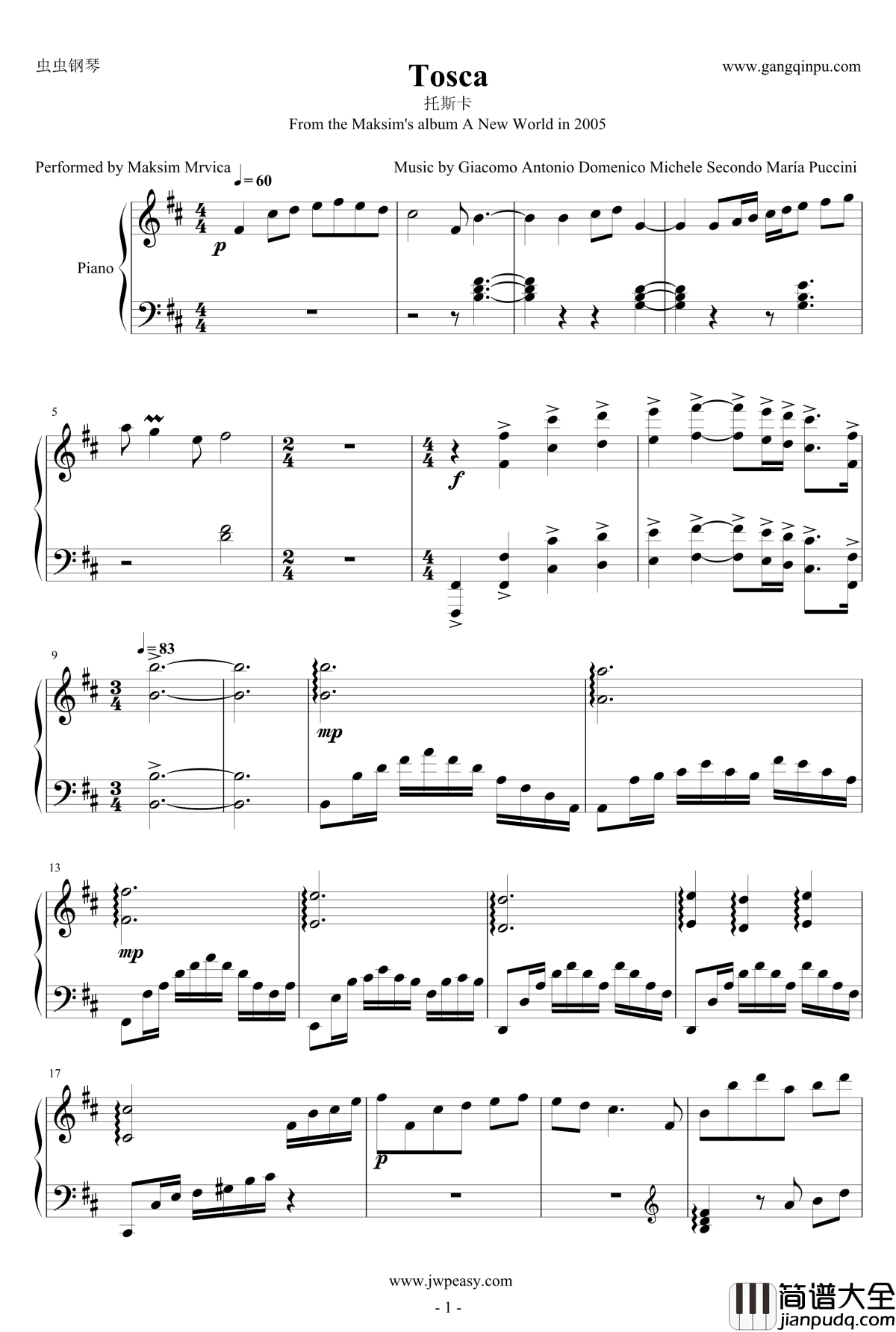 Tosca钢琴谱_马克西姆_Maksim·Mrvica