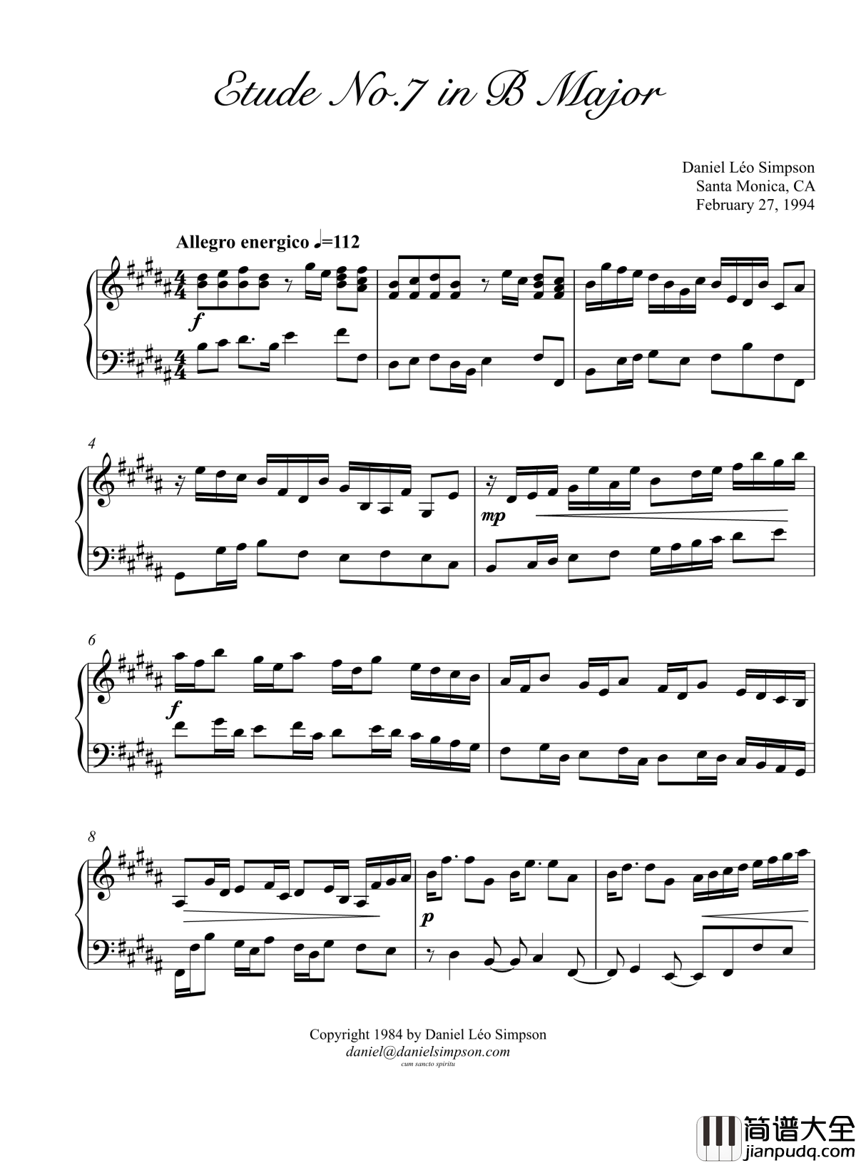 辛普森B大调练习曲钢琴谱_辛普森