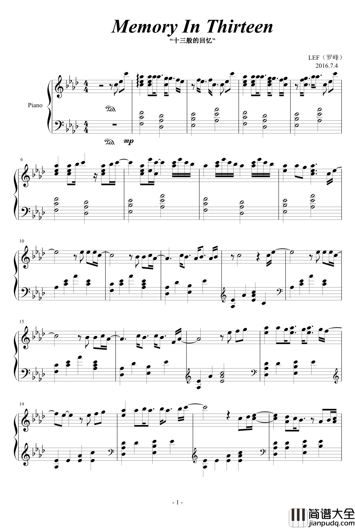 Memory_in_thirteen钢琴谱_十三般的回忆_LEF