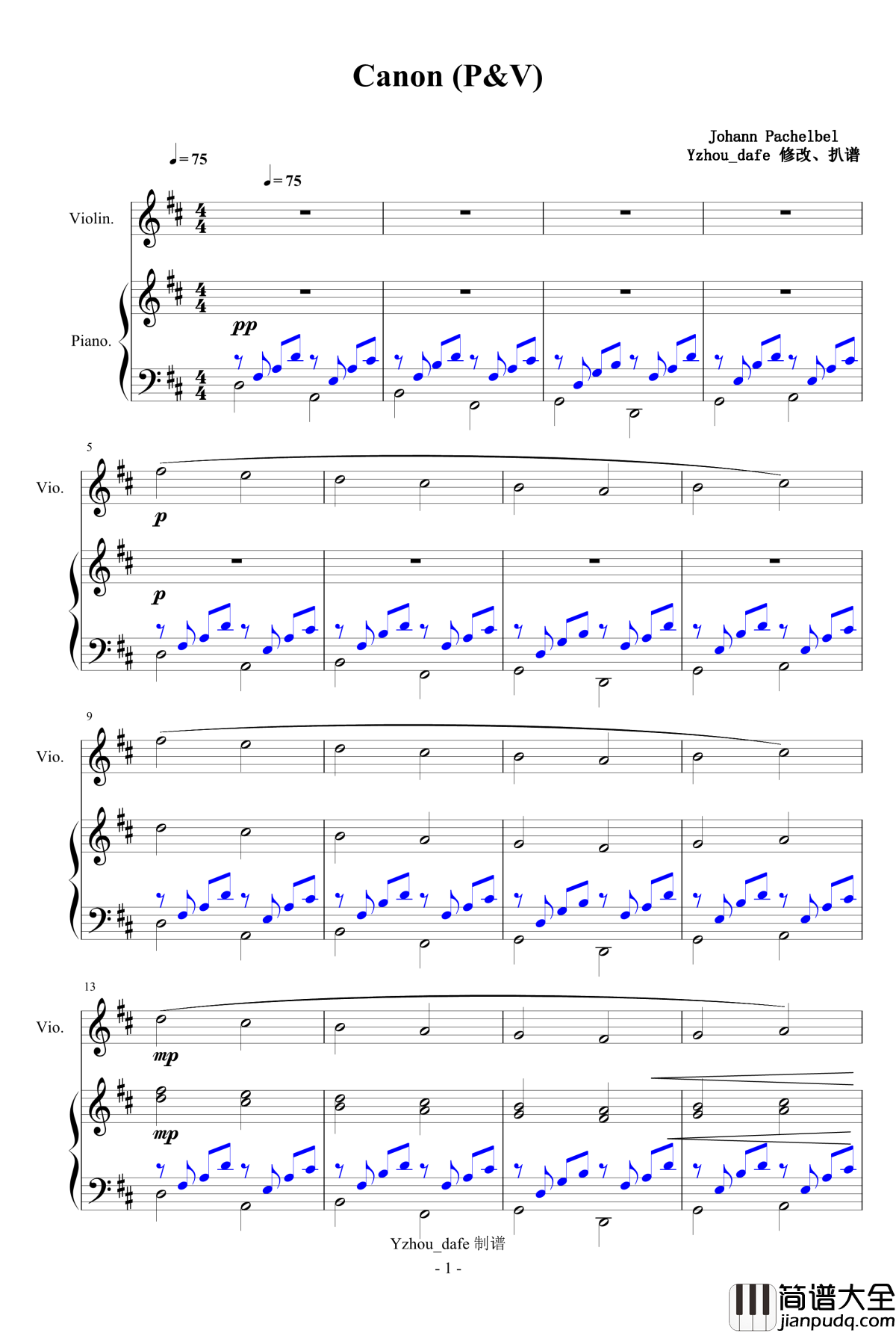 卡农钢琴谱_小提琴钢琴合奏_Johann_Pachelbel