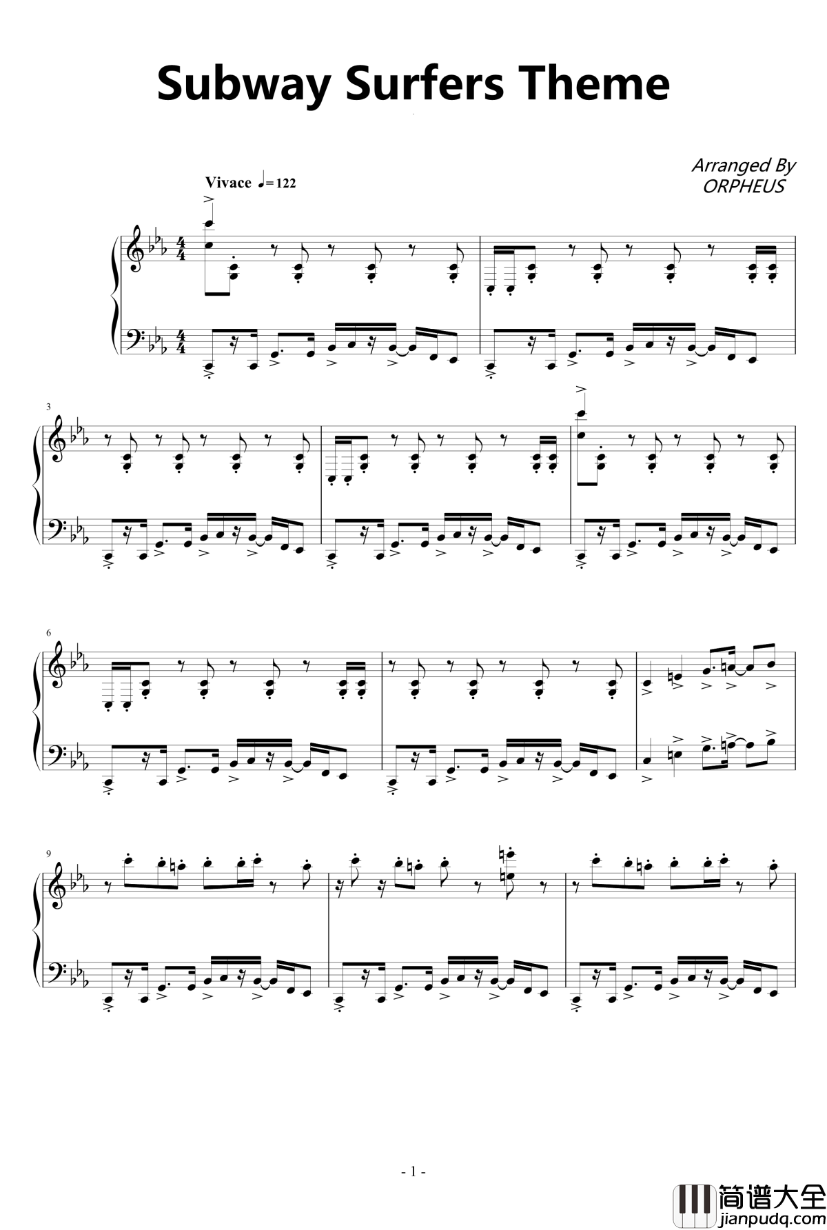 地铁跑酷主题BGM钢琴谱_IOS