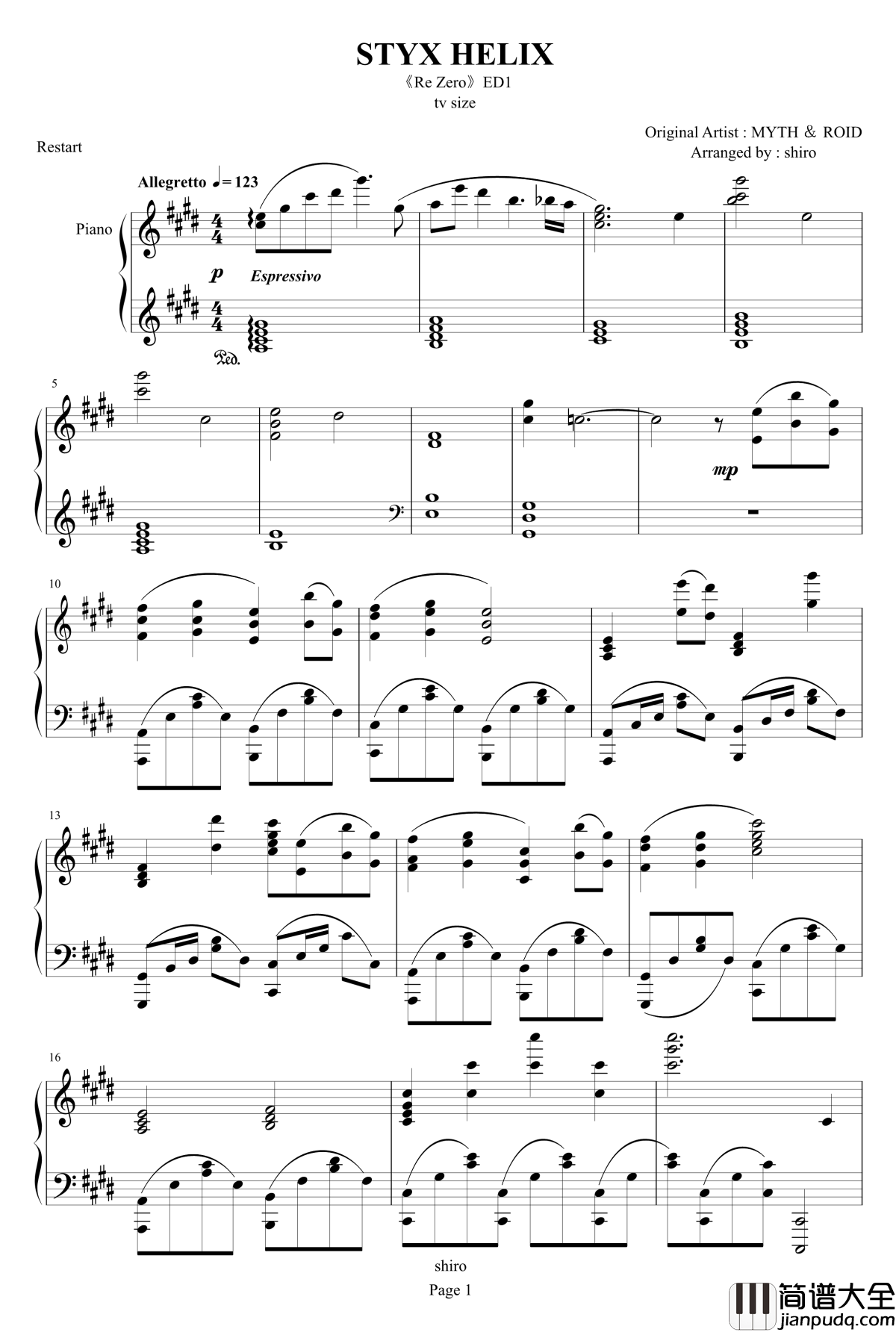 STYX_HELIX_tv版钢琴谱_ED1_Re：从零开始的异世界生活