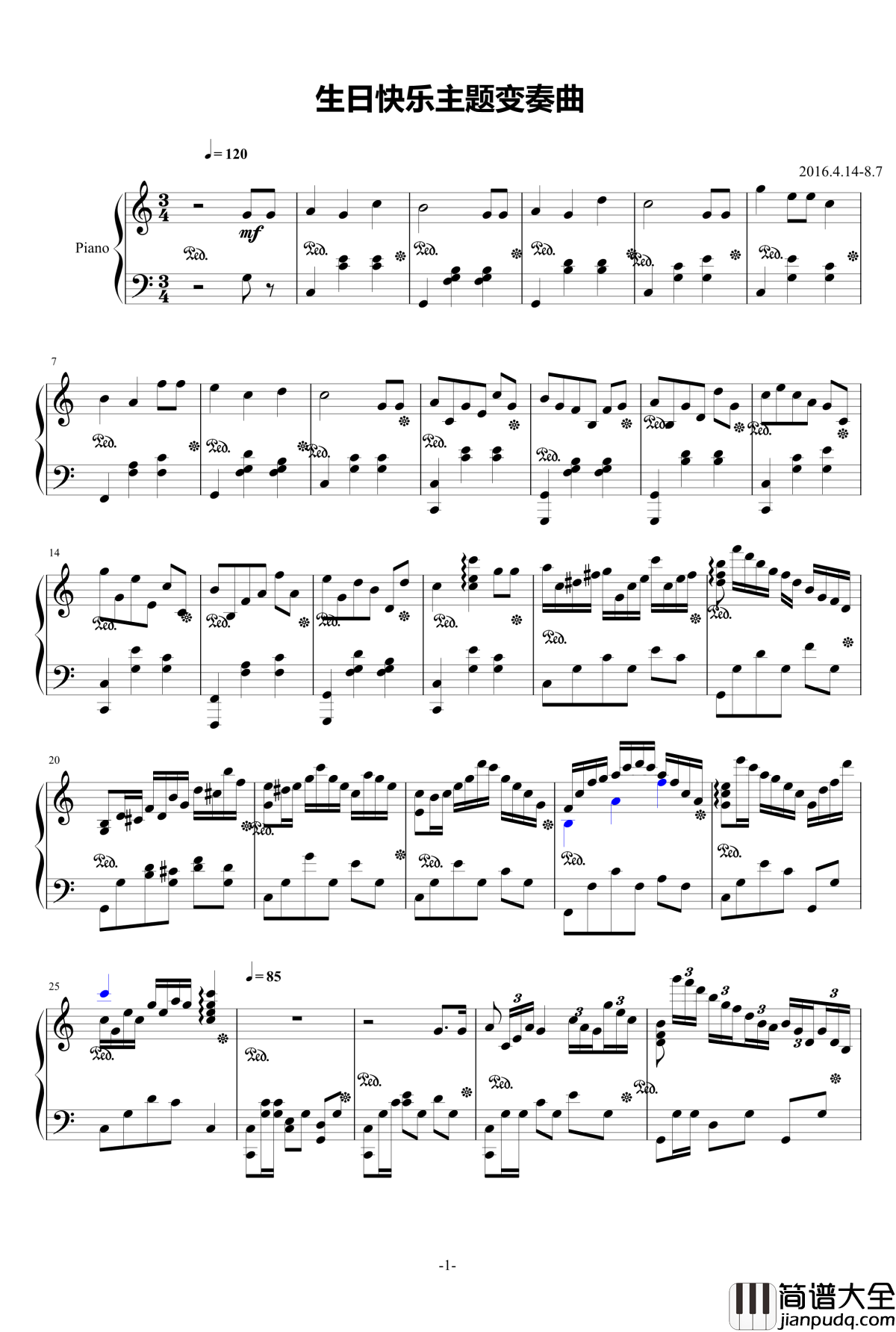 生日快乐变奏曲钢琴谱_红木鸡