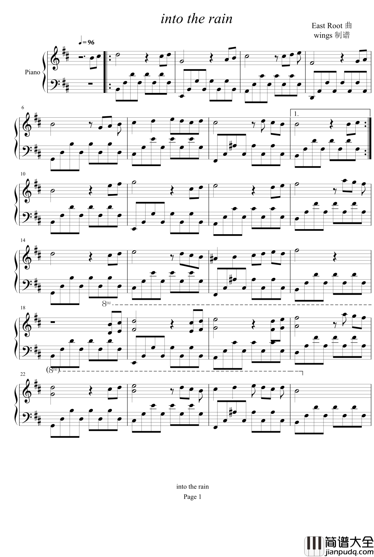 into_the_rain钢琴谱_East_Root