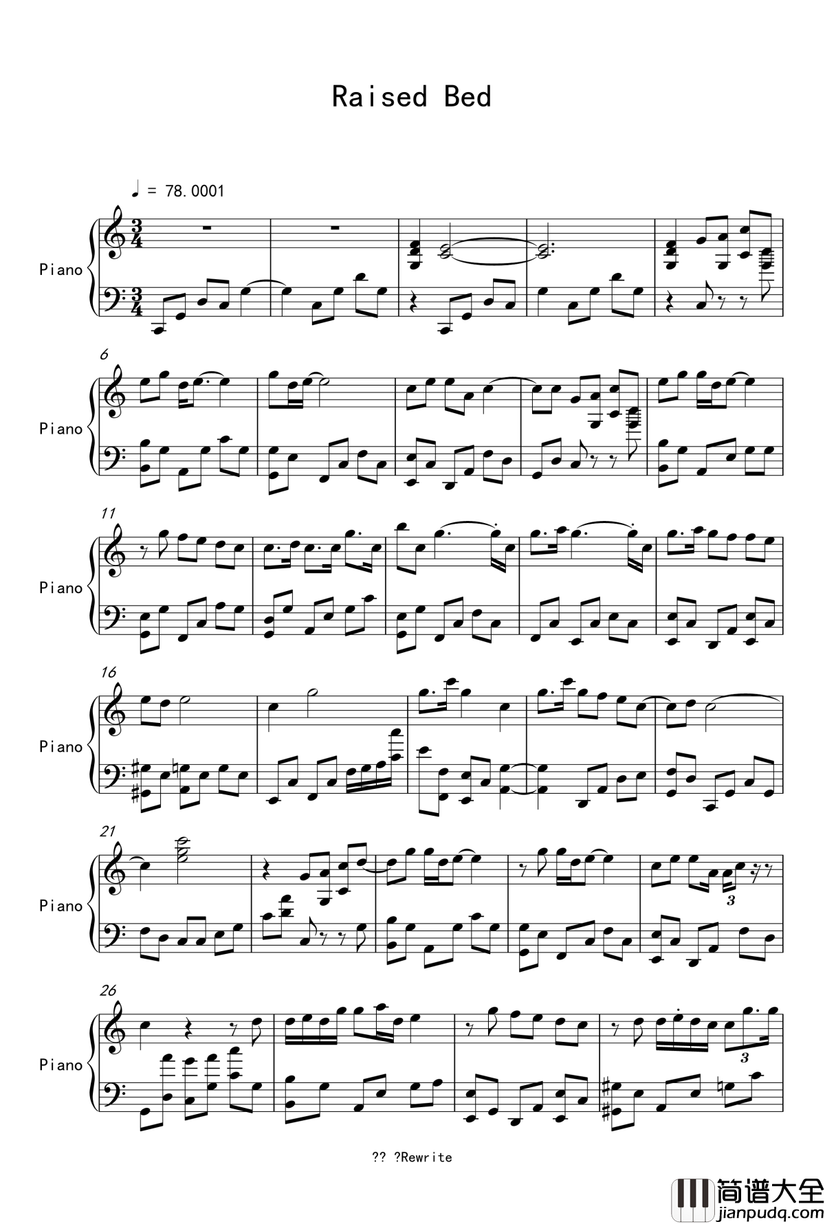 raised_bed钢琴谱_Rewrite静流线