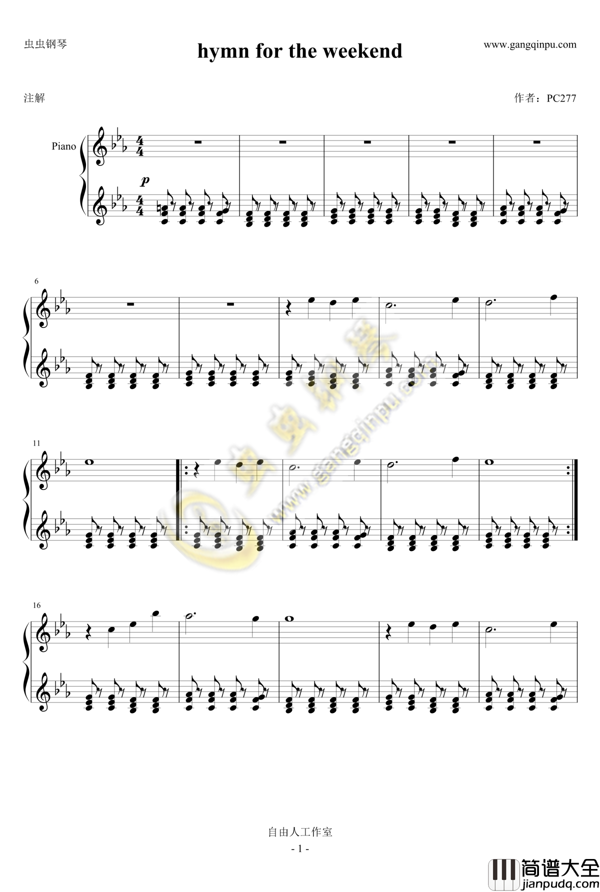 hymn_for_the_weekend钢琴谱_新单_酷玩乐队_酷玩Coldplay