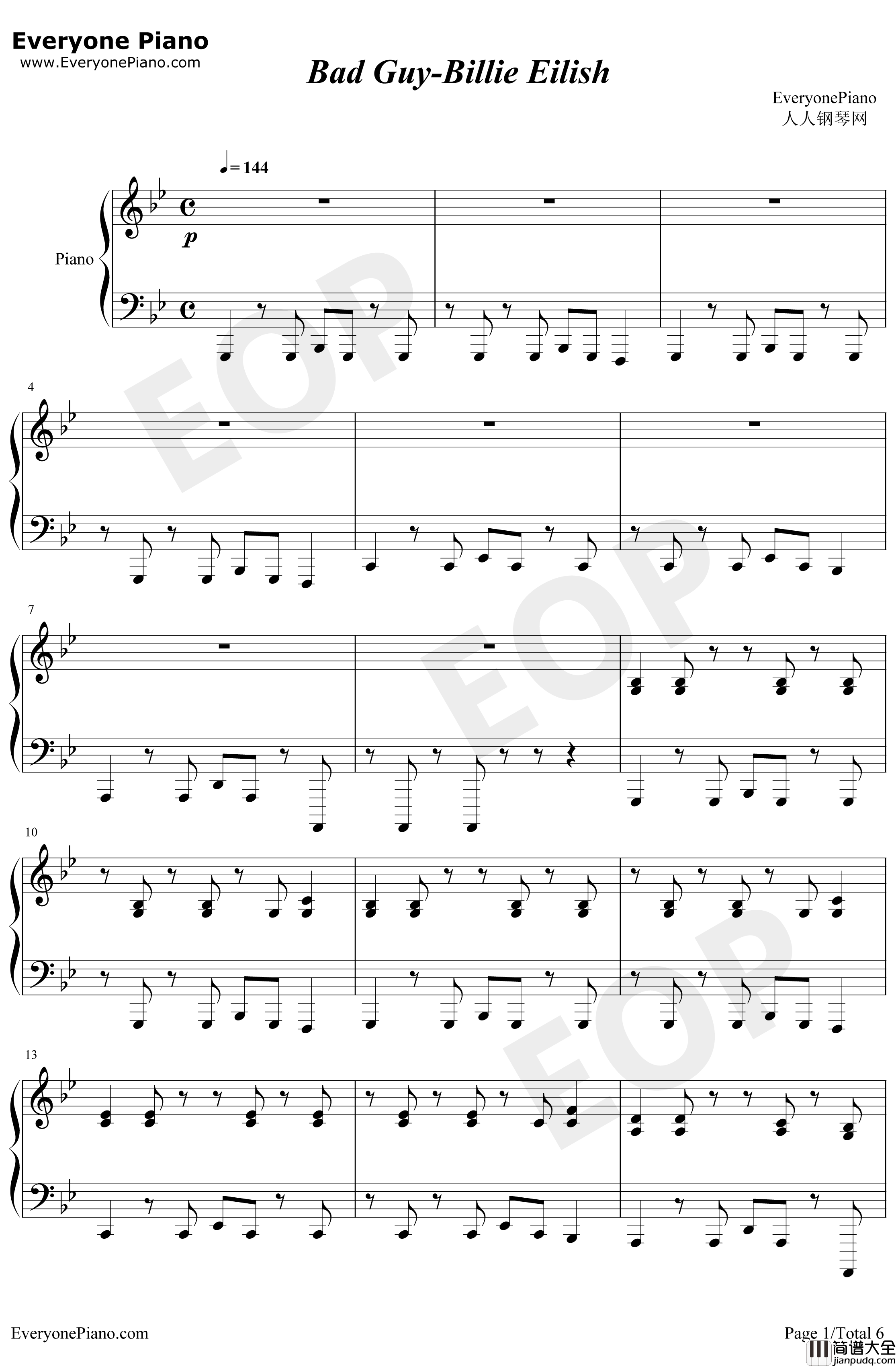 Bad_Guy钢琴谱_BillieEilish