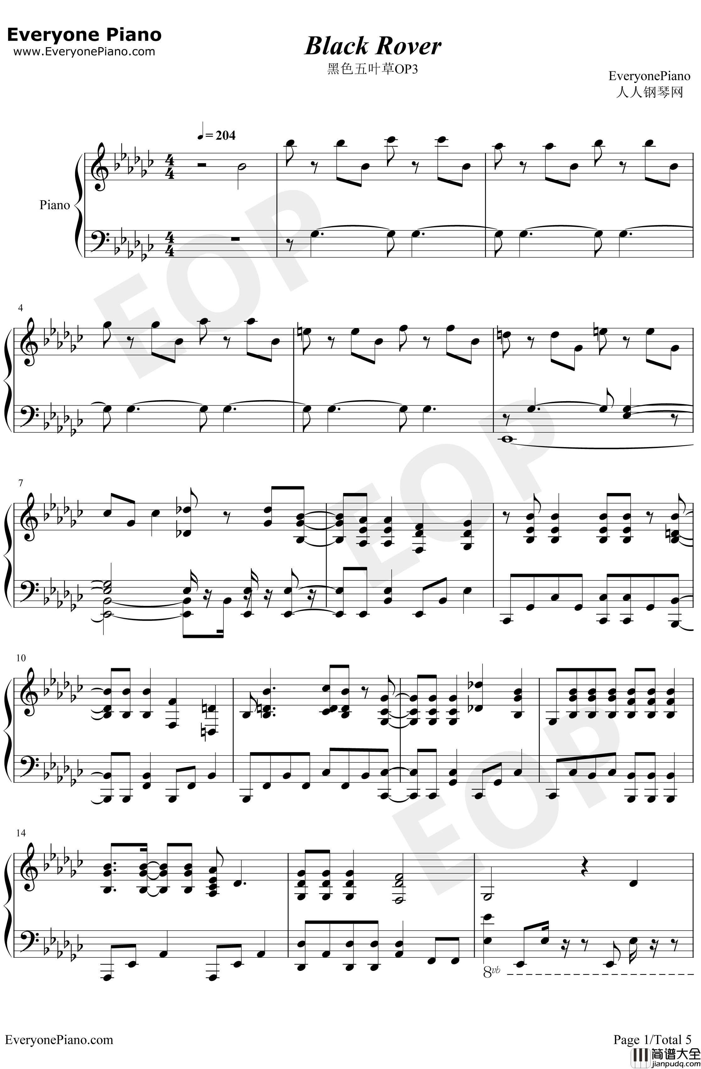 Black_Rover钢琴谱_Bickeblanka_黑色五叶草OP3