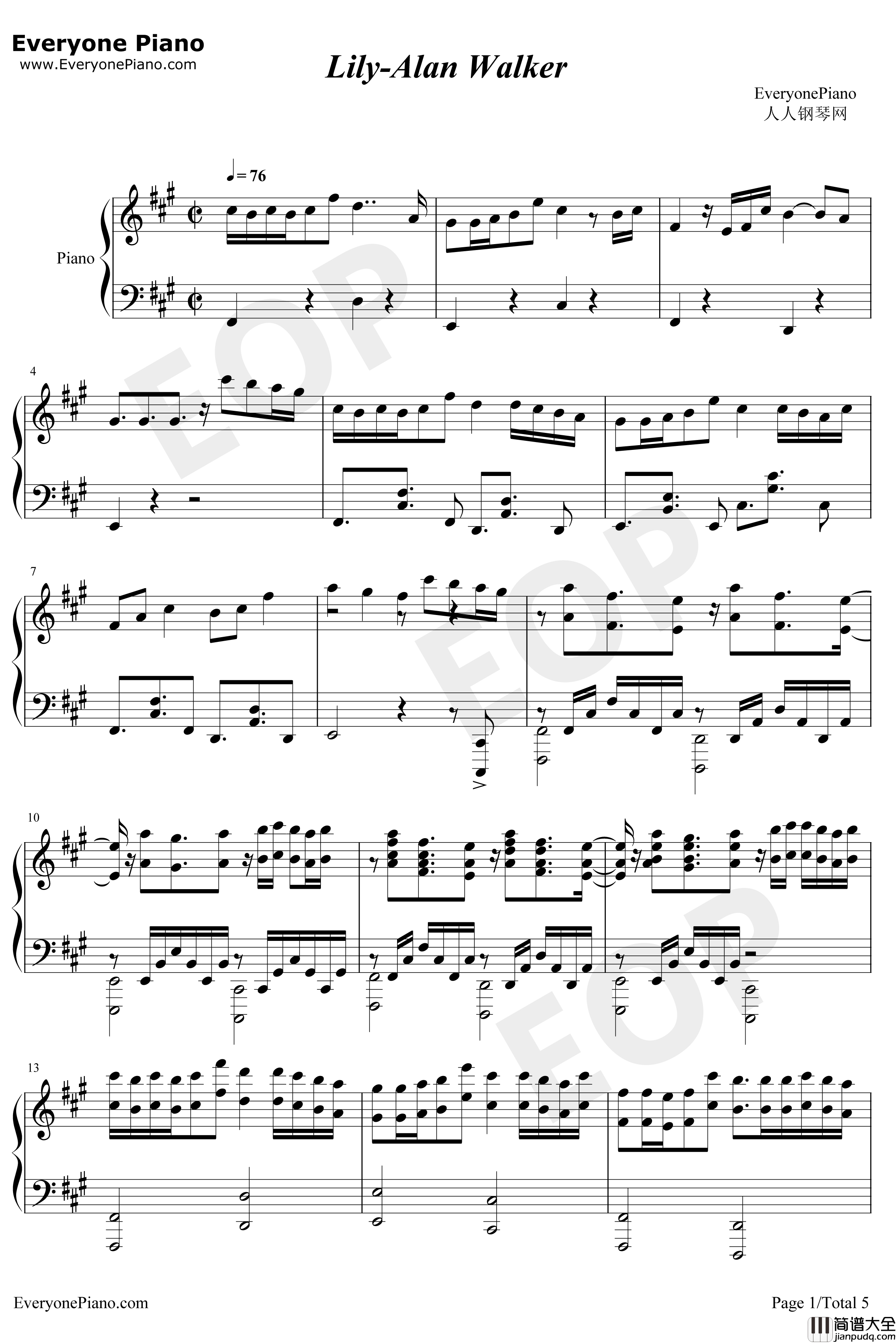 Lily钢琴谱_AlanWalkerK_391EmelieHollow