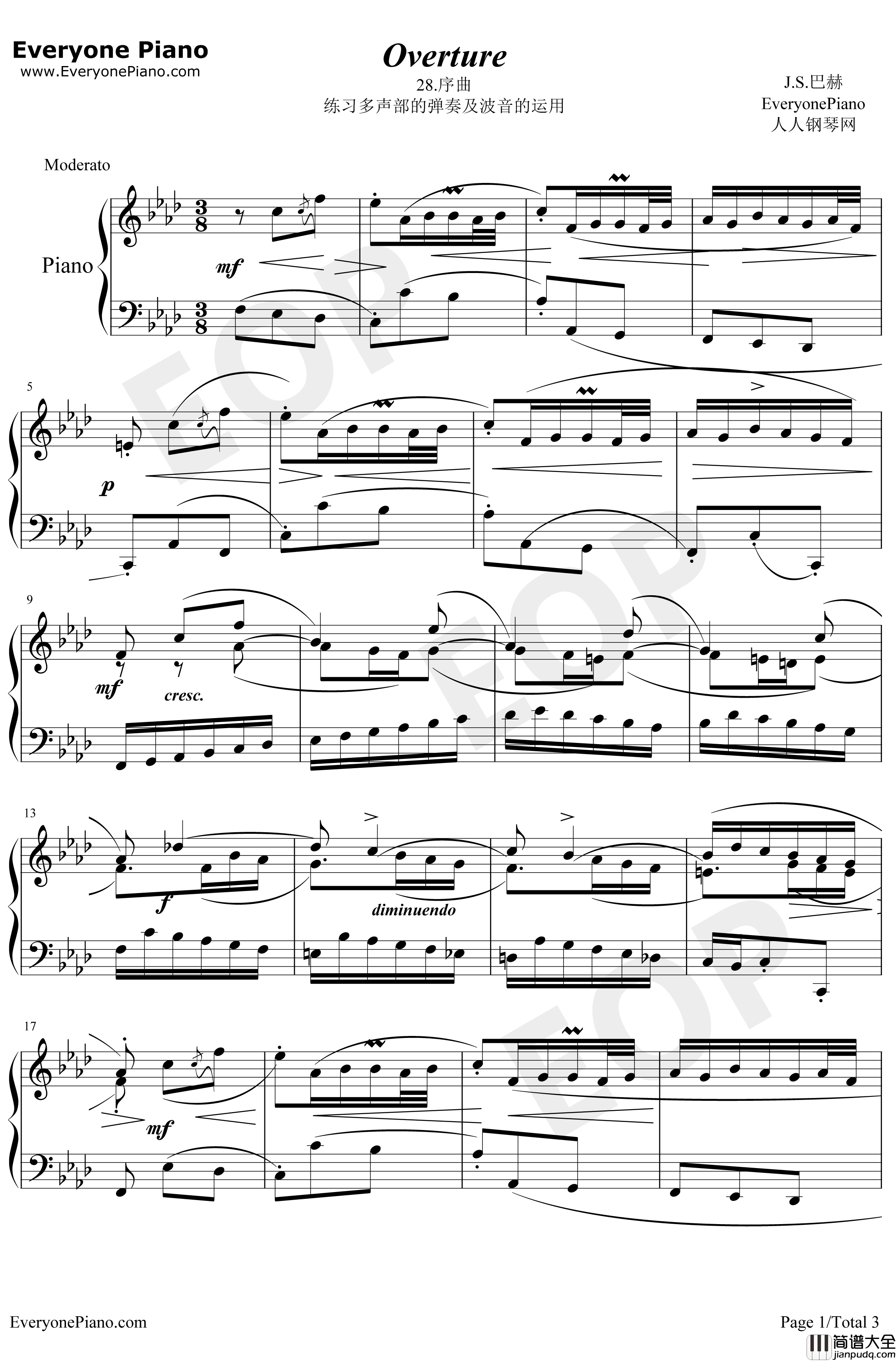 序曲28钢琴谱_巴赫_巴赫初级钢琴曲集